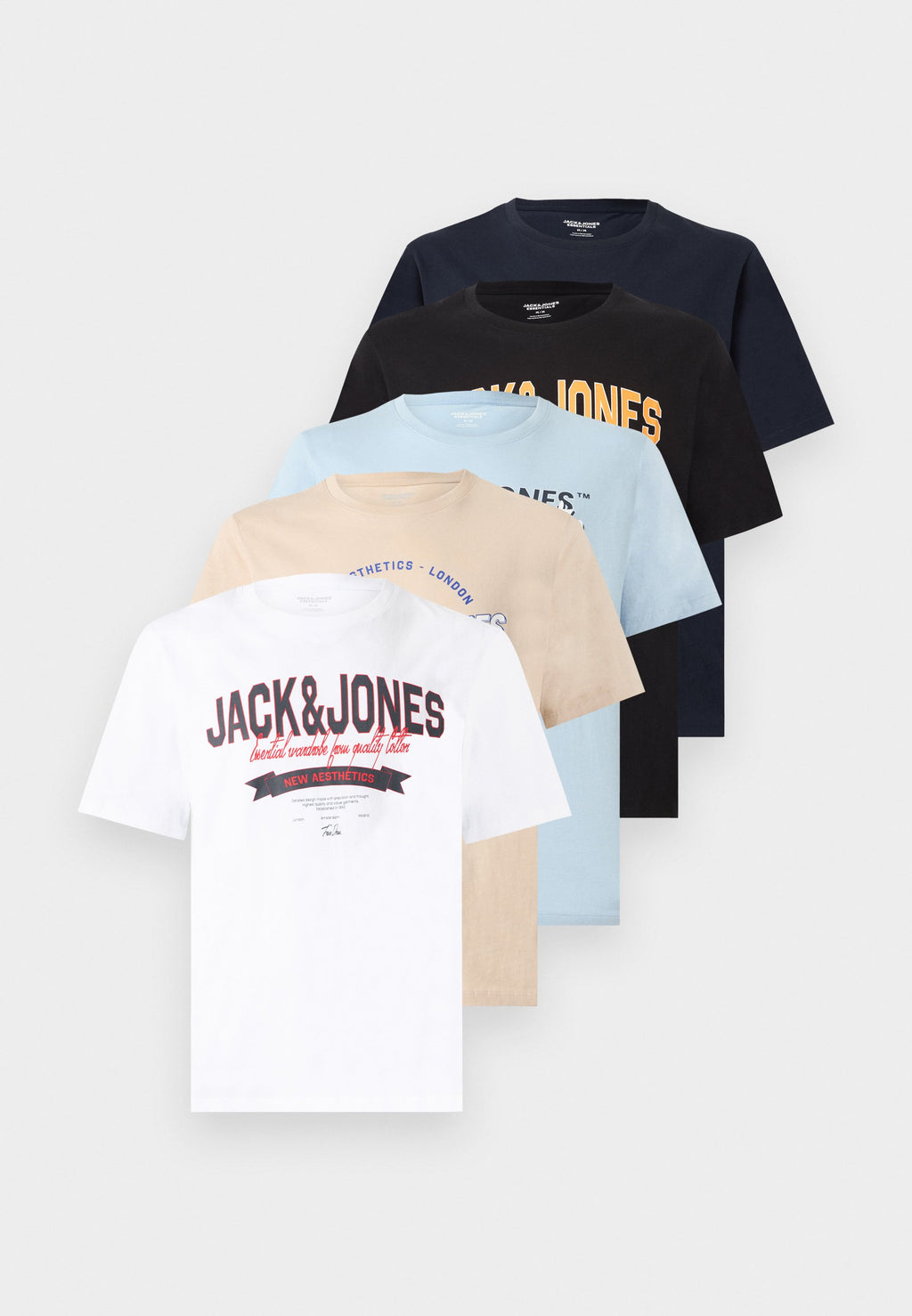 JJELOGO TEE O NECK 5 PACK - Print T-shirt - bright white/sky captain/celestial blue/moonbeam/black