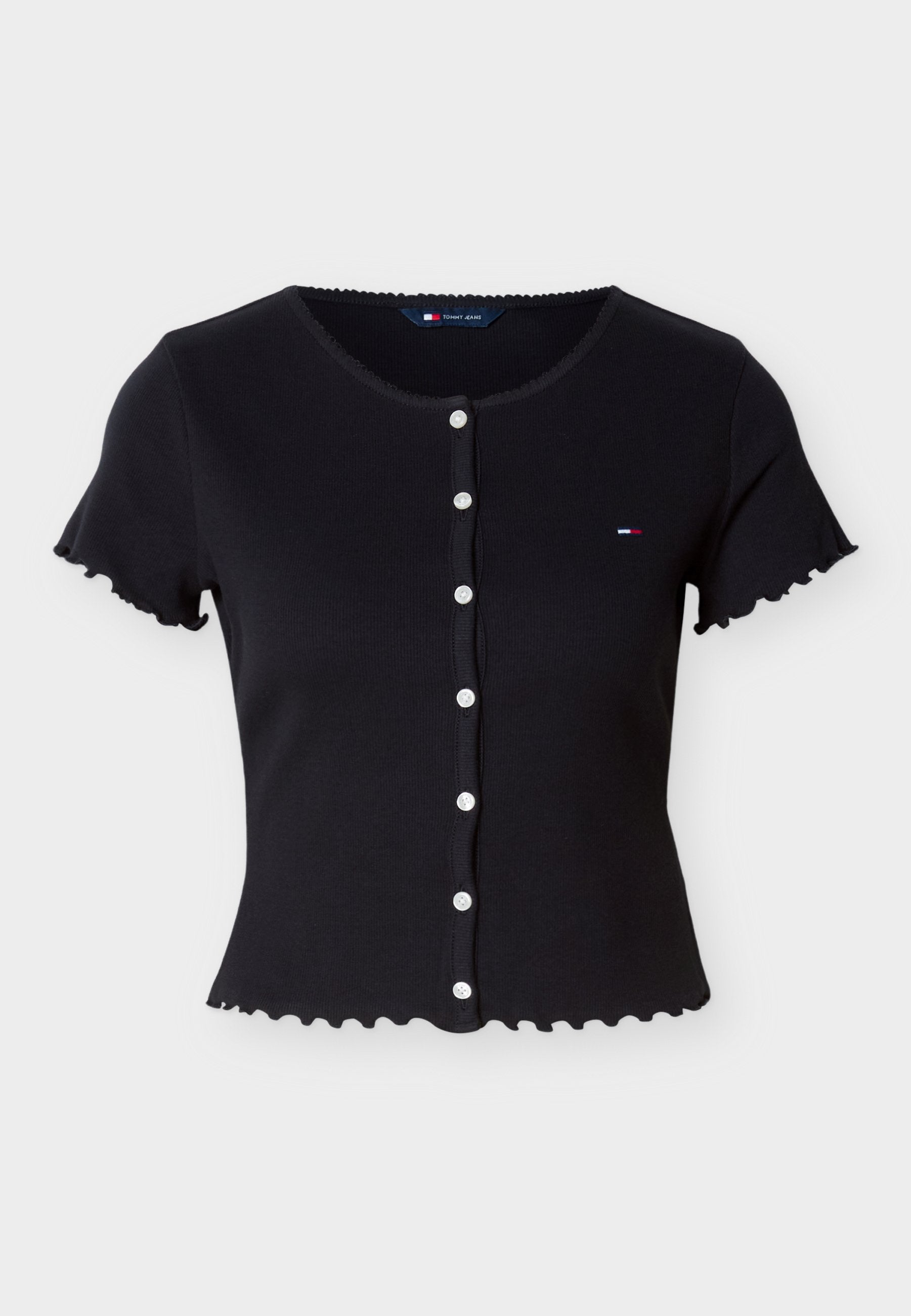 RUFFLE TRIM RIBBED SLIM TOP - Print T-shirt - black