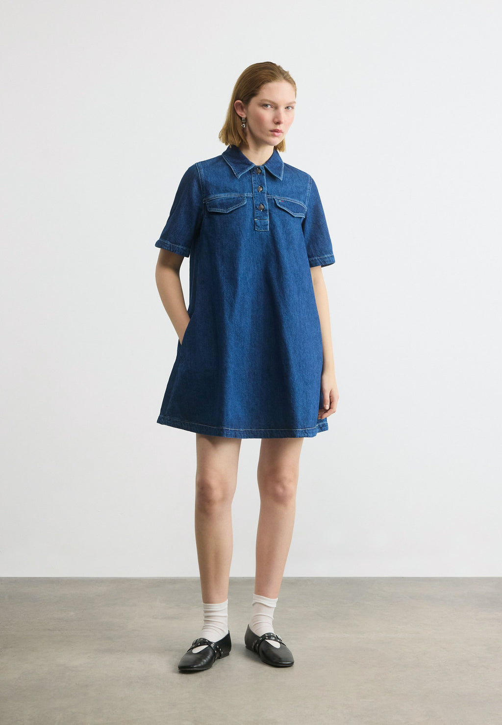 MINI DENIM SHORT SLEEVE SHIFT DRESS - Denim dress - denim medium
