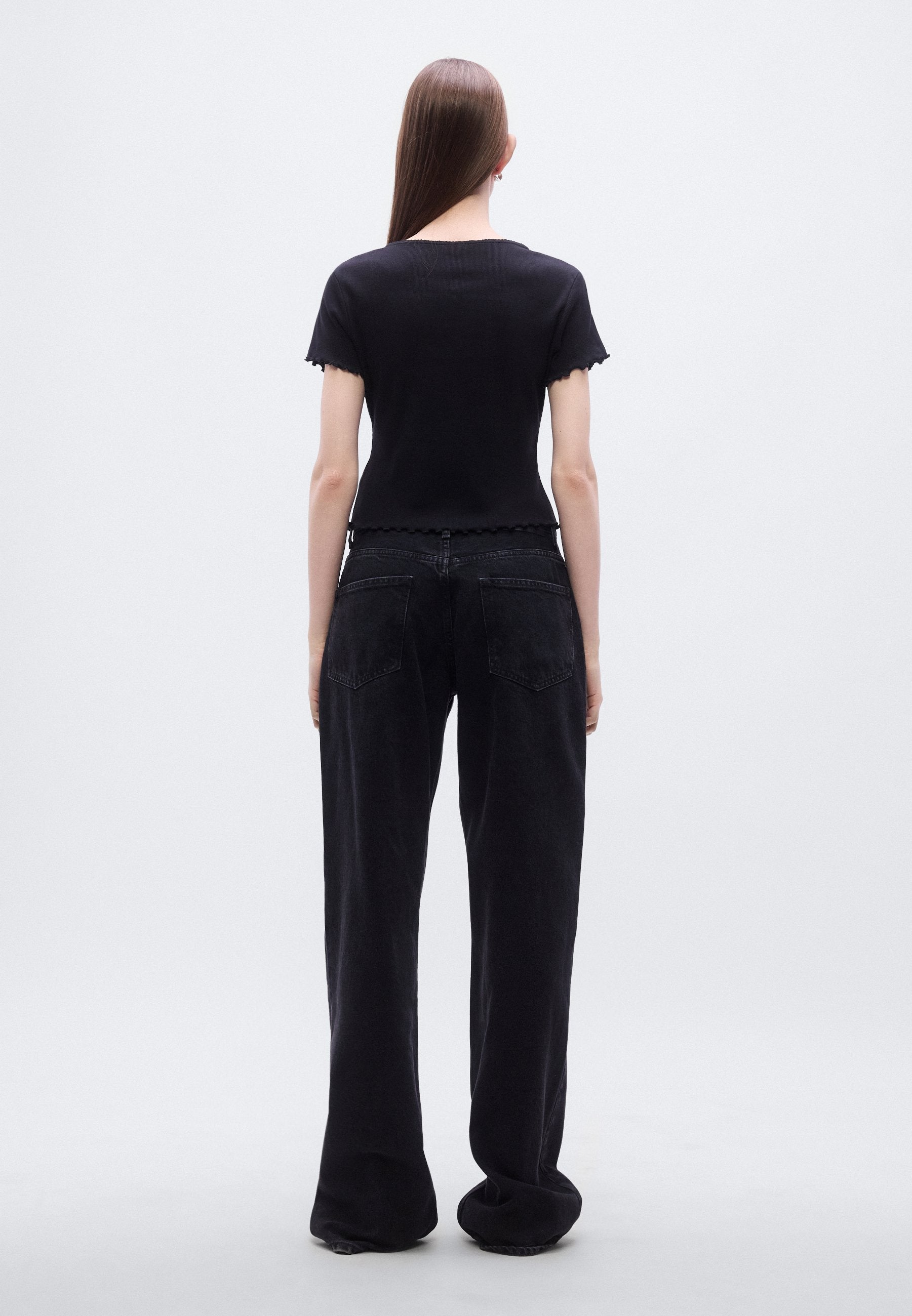 RUFFLE TRIM RIBBED SLIM TOP - Print T-shirt - black