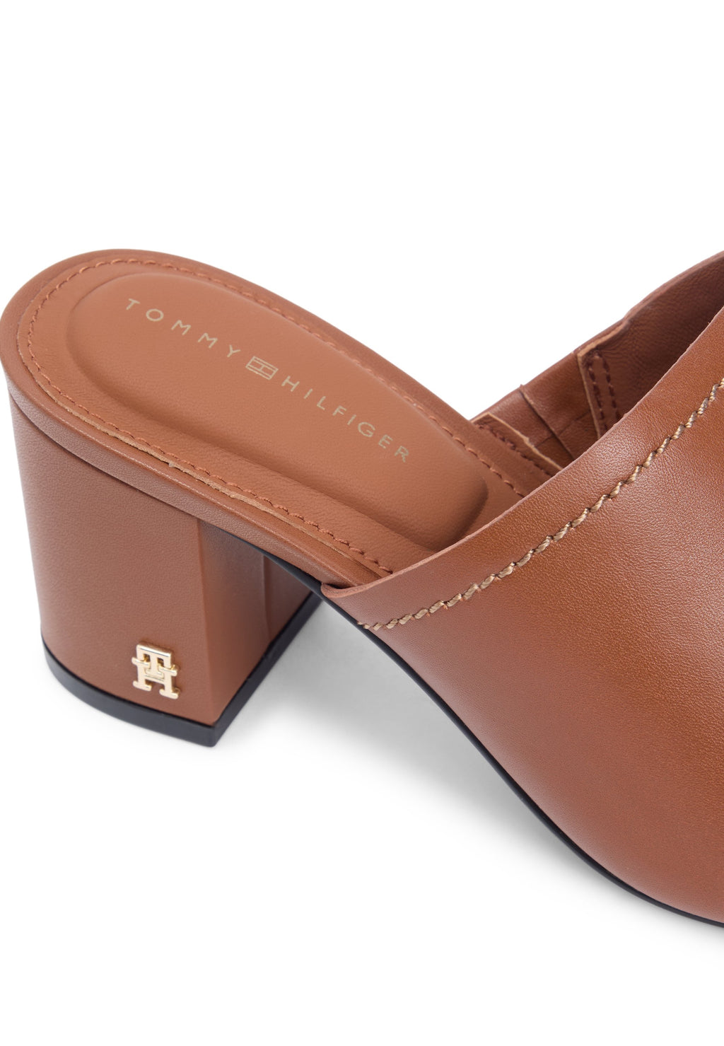 TH MONOGRAM LEATHER BLOCK HEEL MULES - أحذية مريحة بكعب - برونزي دافئ