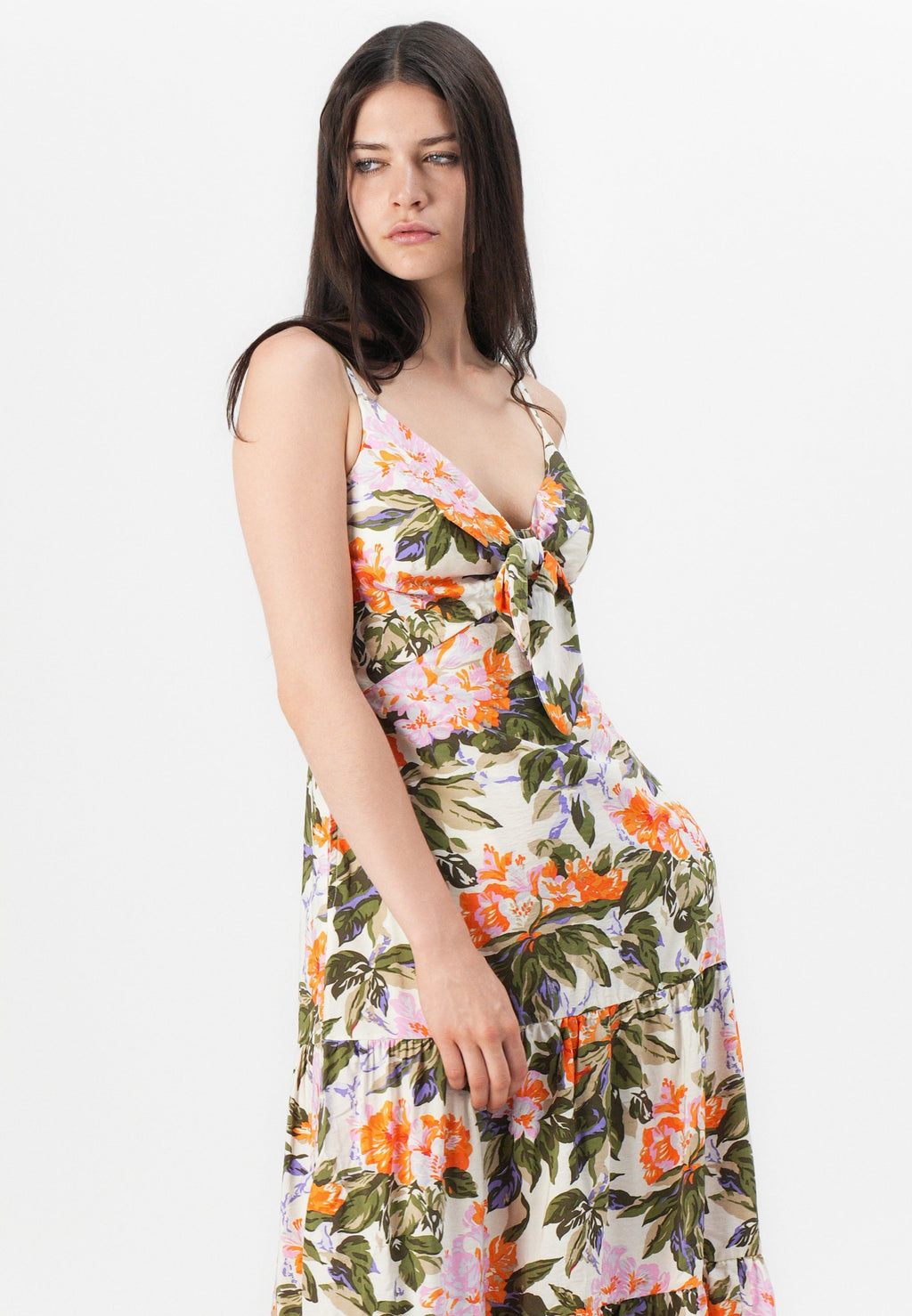 V NECK TIERED MAXI - Day dress - neon orange/pink flora