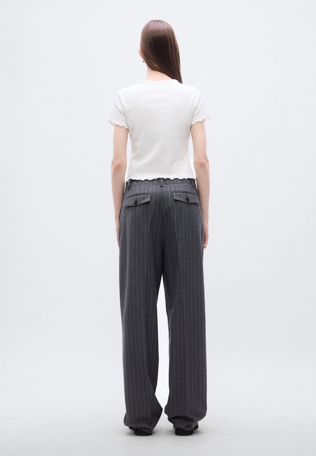 RUFFLE TRIM RIBBED SLIM TOP - Print T-shirt - ecru