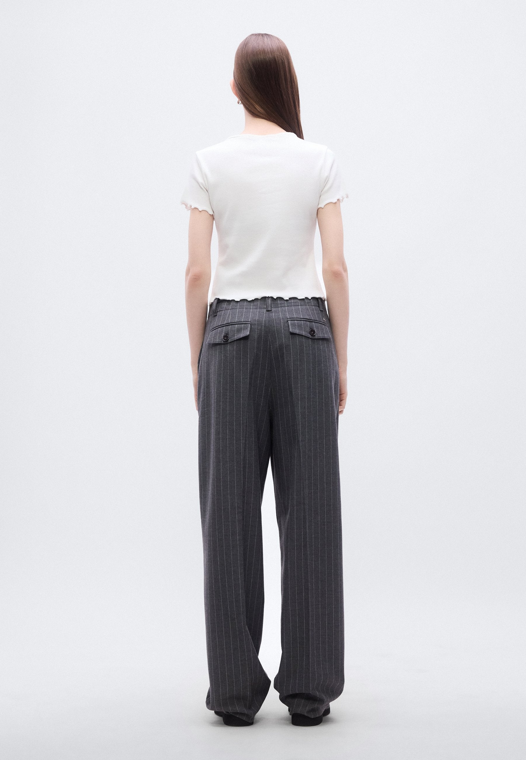 RUFFLE TRIM RIBBED SLIM TOP - Print T-shirt - ecru