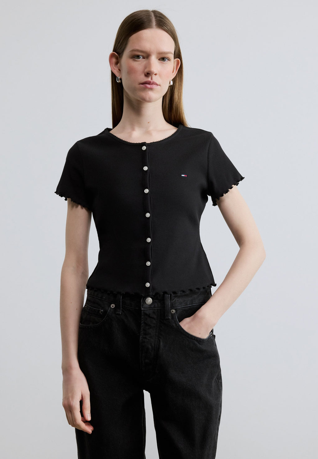 RUFFLE TRIM RIBBED SLIM TOP - Print T-shirt - black