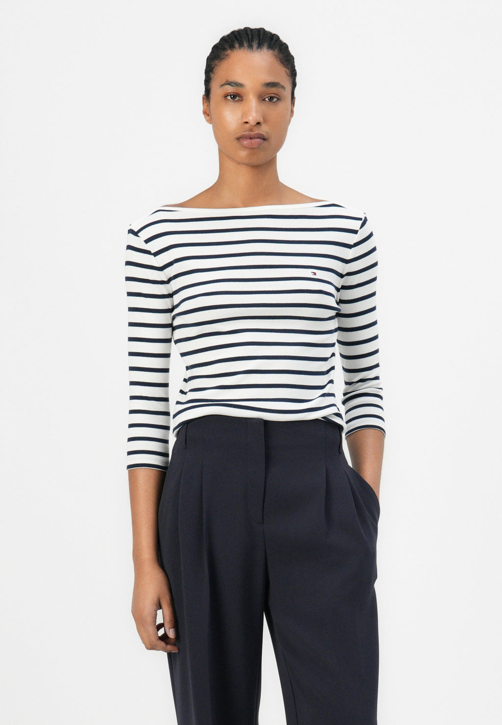 TEE SHIRT ENCOLURE BATEAU MANCHES TROIS-QUARTS - Top à manches longues - écru/bleu nuit