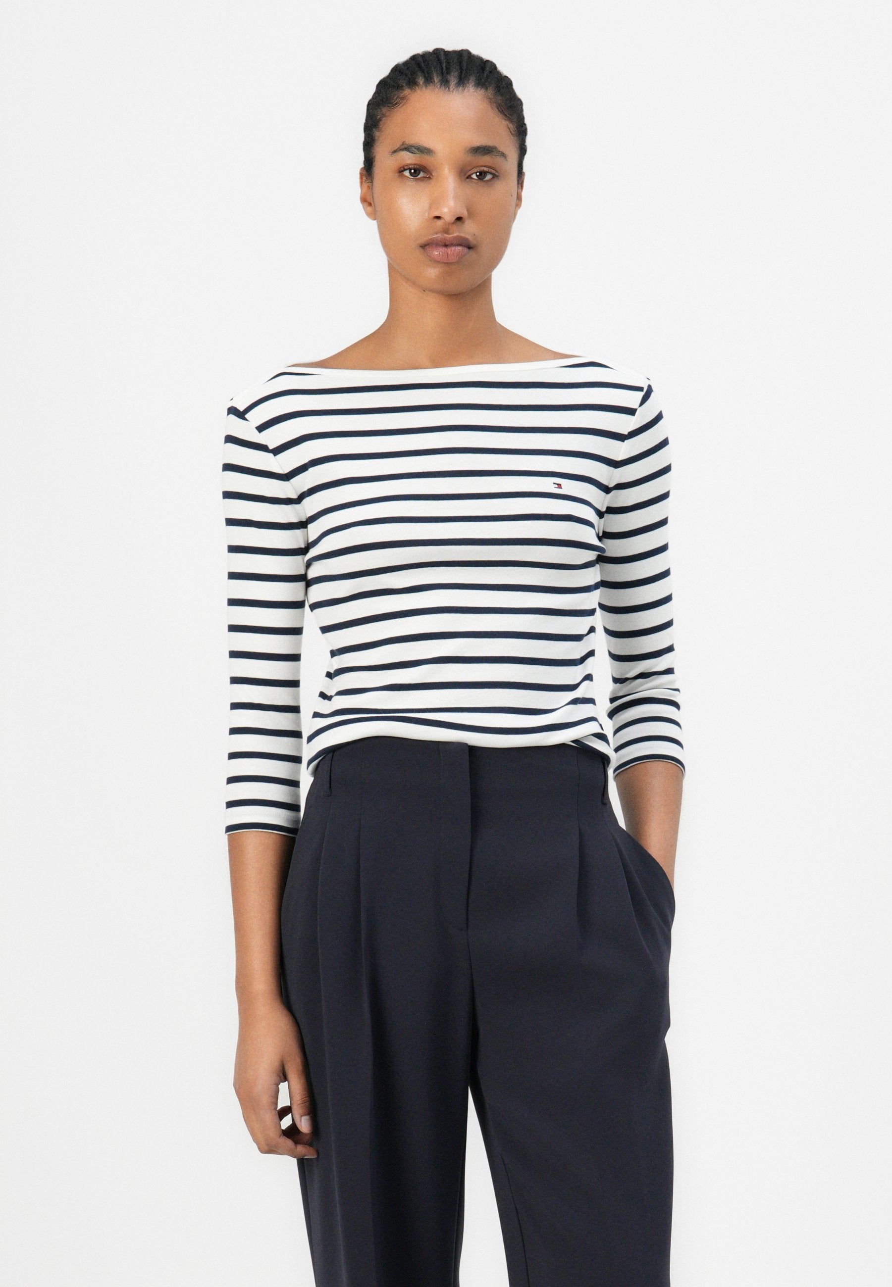 TEE SHIRT ENCOLURE BATEAU MANCHES TROIS-QUARTS - Top à manches longues - écru/bleu nuit