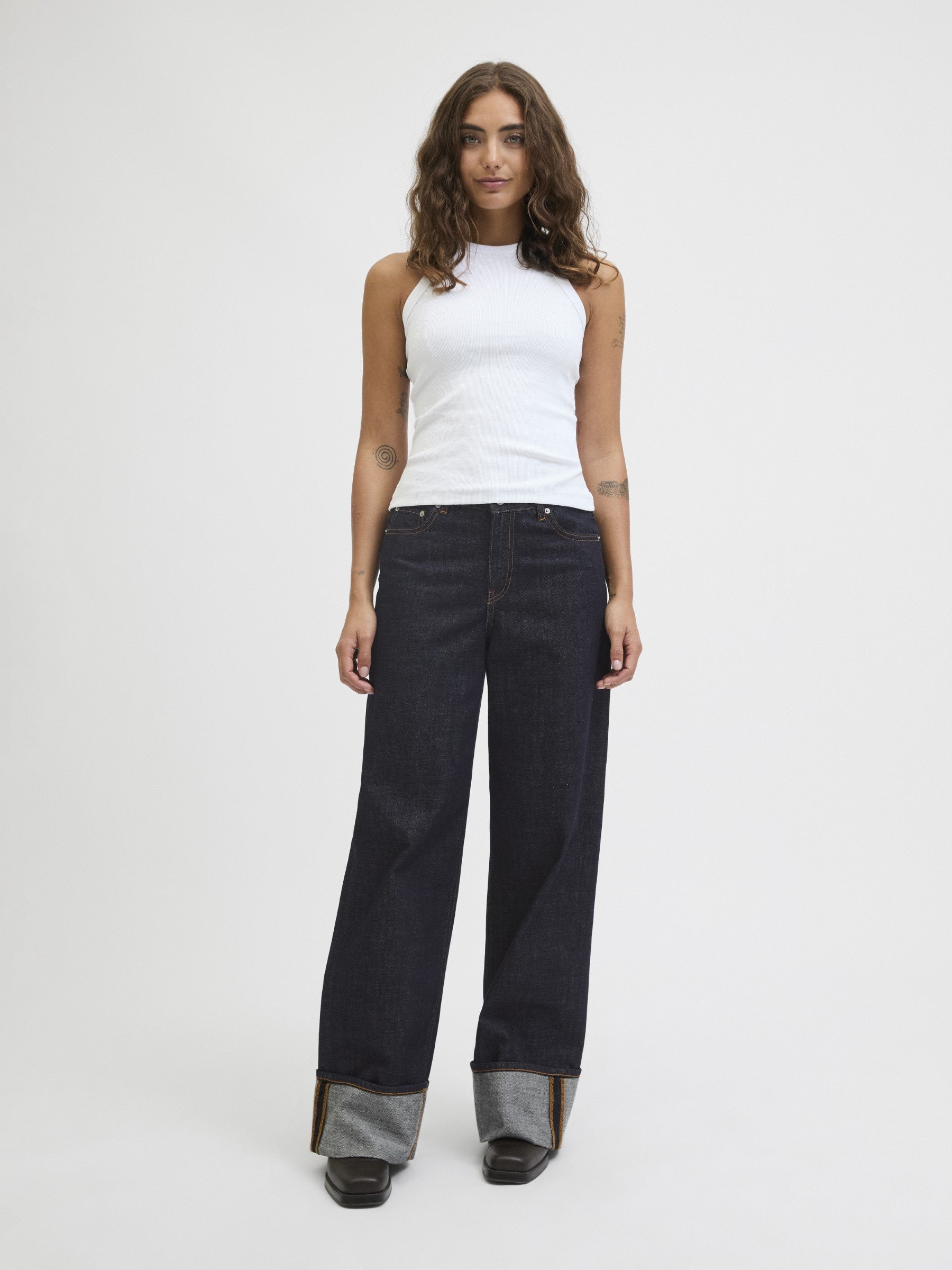 Wide-fit JXTOKYO VEGA WIDE HW FOLD UP R269 DNM - Wide Leg - dark blue denim