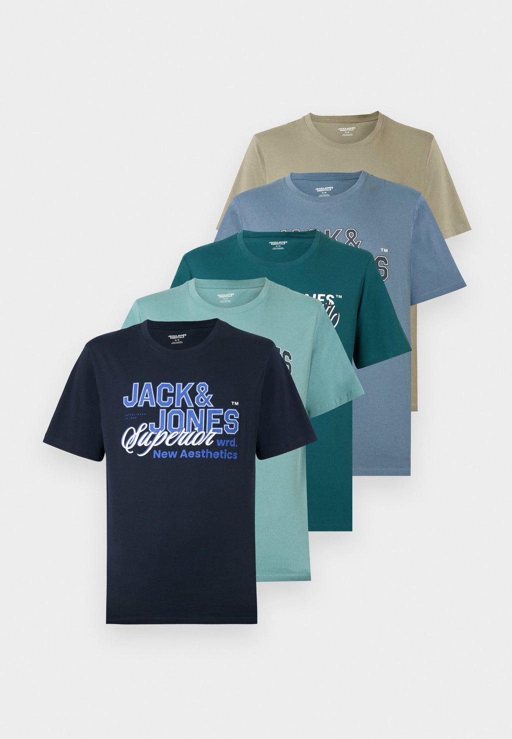 JJELOGO TEE O NECK 5 PACK - Print T-shirt - vetiver/blue mirage/mineral blue/atlantic deep/navy blazer