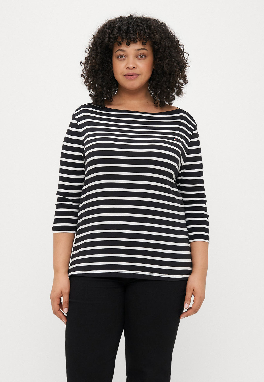 CURVE BOAT NECK THREE-QUARTER SLEEVE T-SHIRT - Long sleeved top - black/ecru