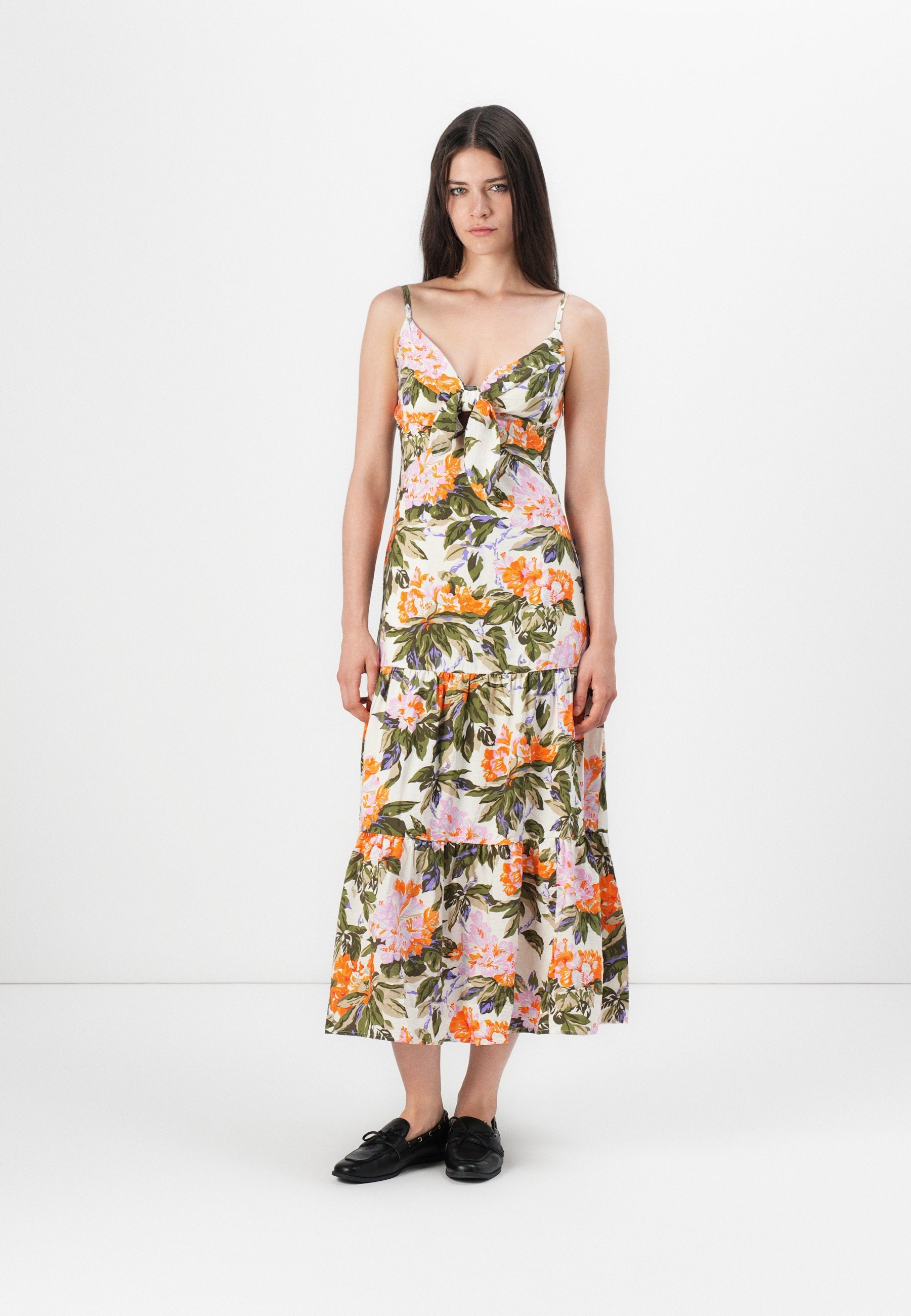 V NECK TIERED MAXI - Day dress - neon orange/pink flora