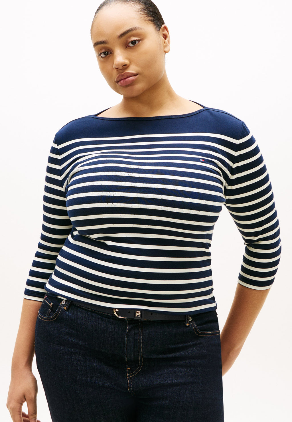 CURVE BOAT NECK THREE-QUARTER SLEEVE T-SHIRT - Long sleeved top - dark night navy/ecru