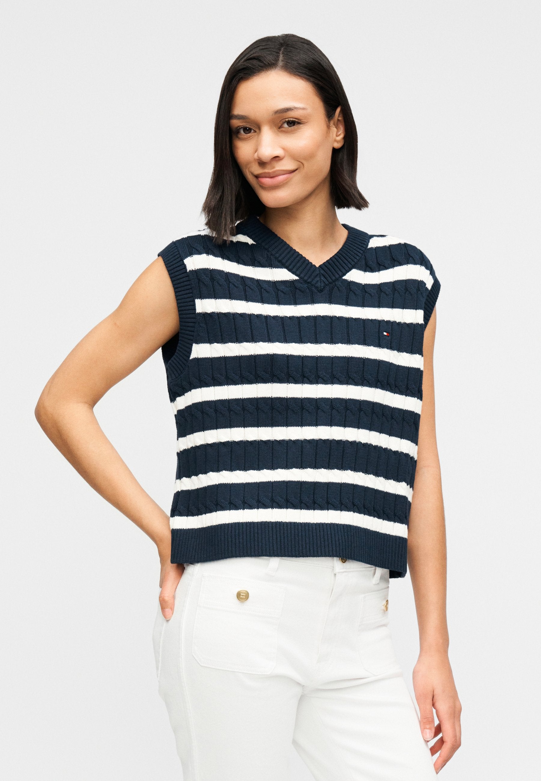 CABLE KNIT V-NECK SWEATER VEST - Top - dark night navy/ivory petal