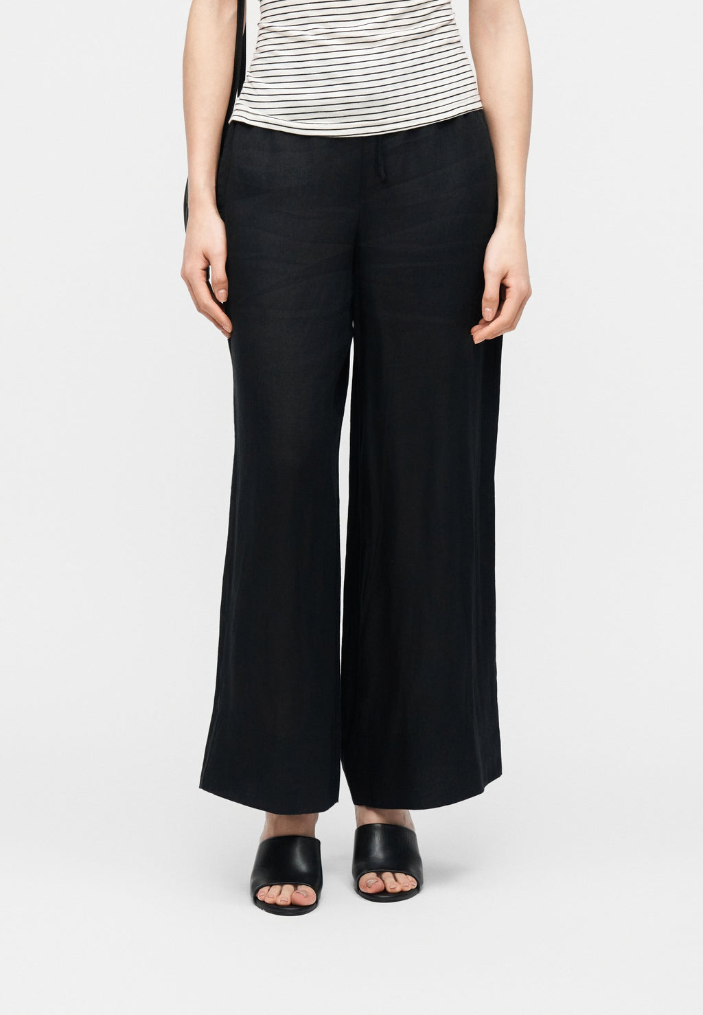RELAXED WIDE LEG PURE LINEN TROUSERS - Trousers - black