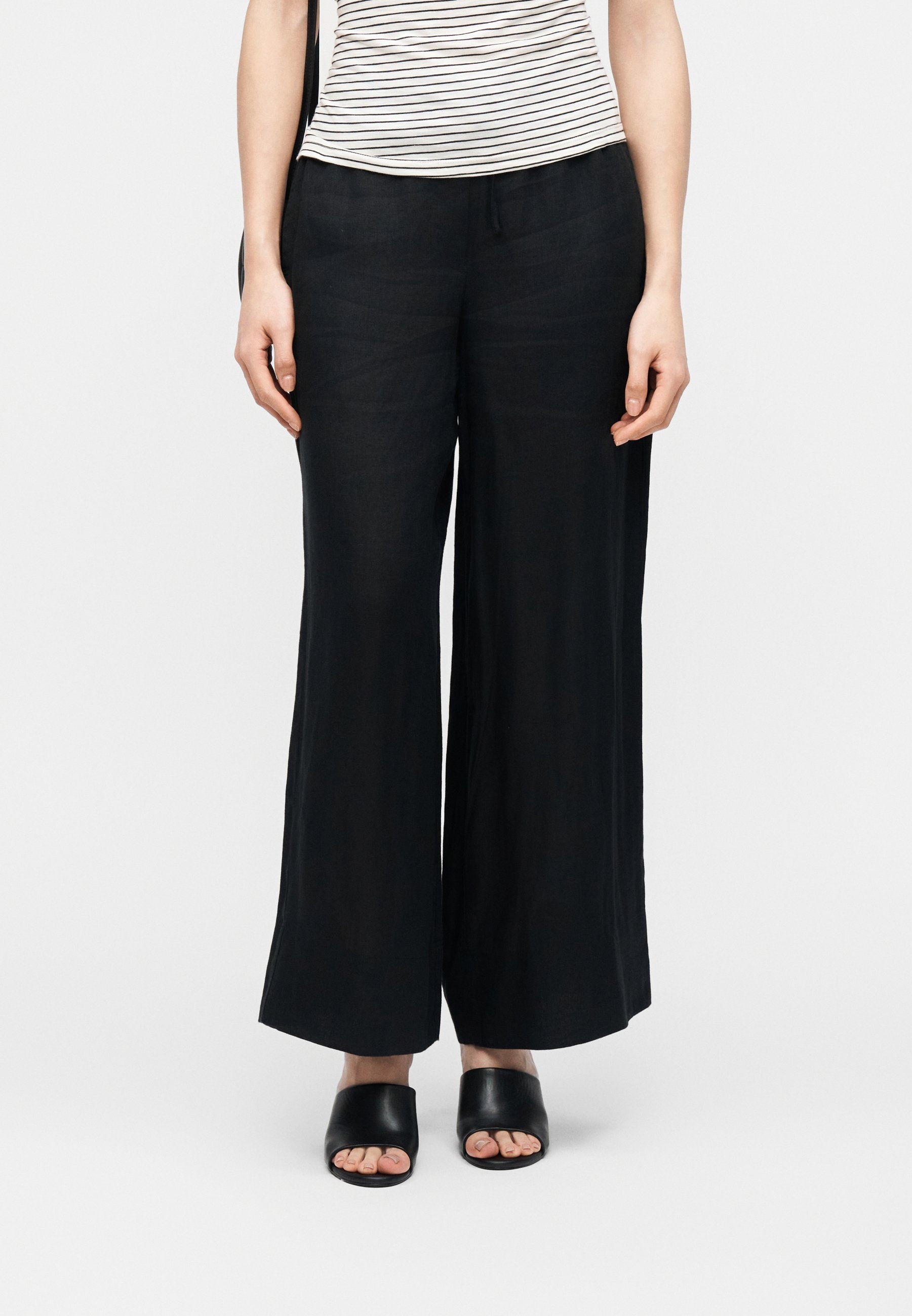 RELAXED WIDE LEG PURE LINEN TROUSERS - Trousers - black