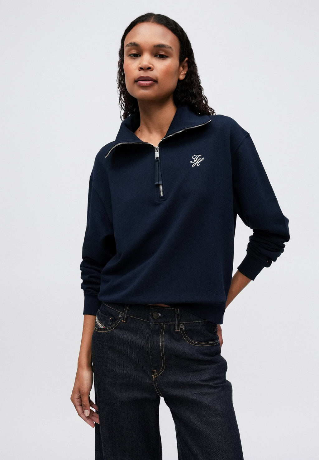 PULL ZIPPÉ COL MONTANT EN MOLLETON BRODÉ LOGO - Sweat-shirt - marine nuit