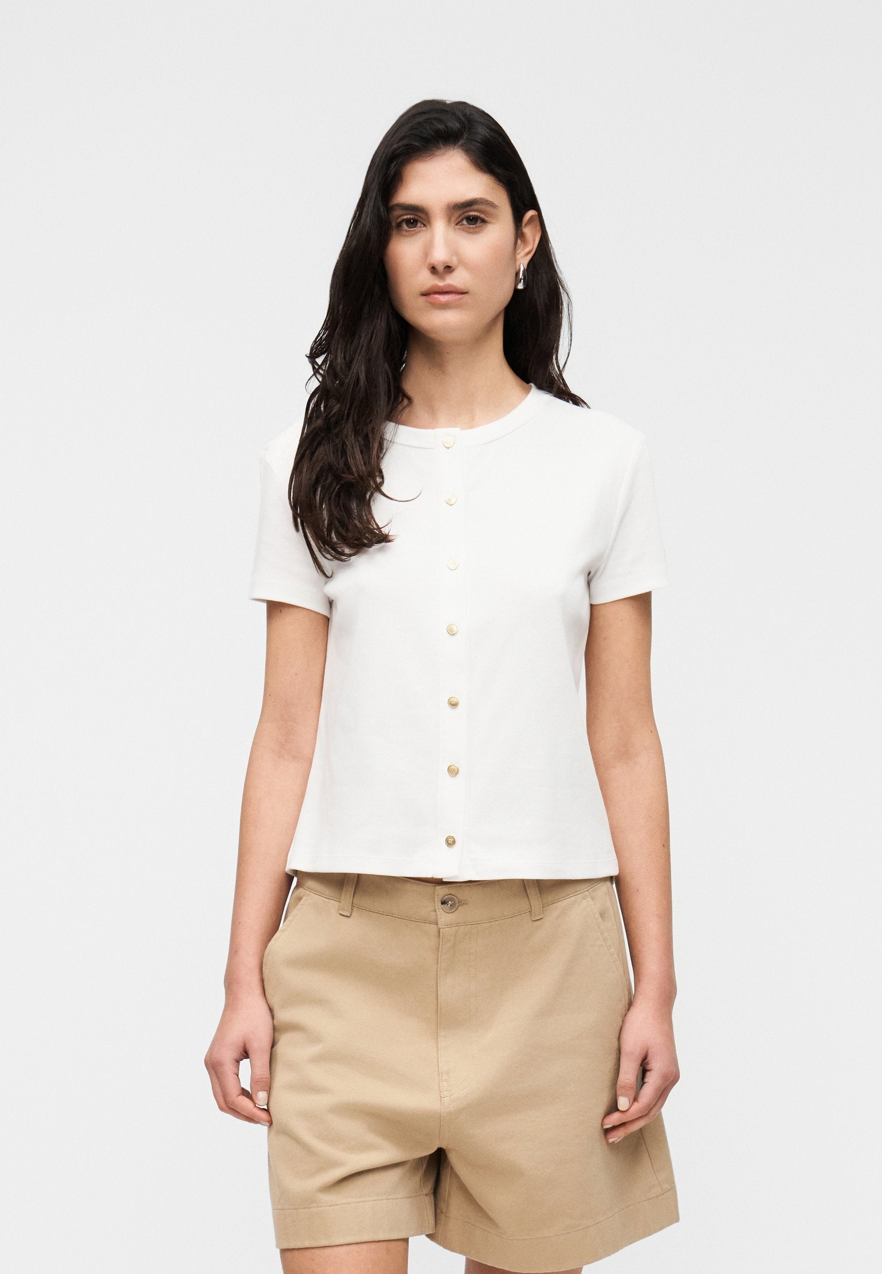 GOLD-TONE BUTTON SLIM T-SHIRT - Print T-shirt - ecru