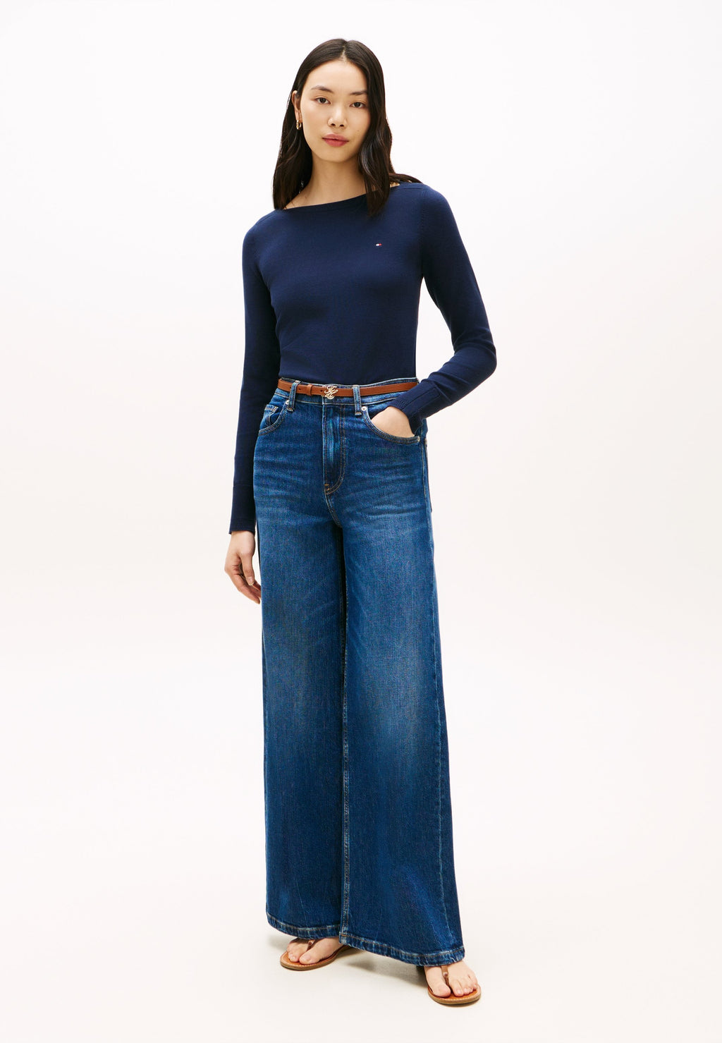PULL COL BATEAU EN JERSEY AVEC BOUTONS DORÉS - Pull - bleu marine nuit