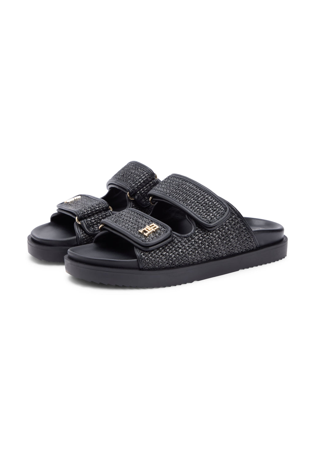 RAFFIA TH MONOGRAM DOUBLE STRAP SANDALS - Sandals - black