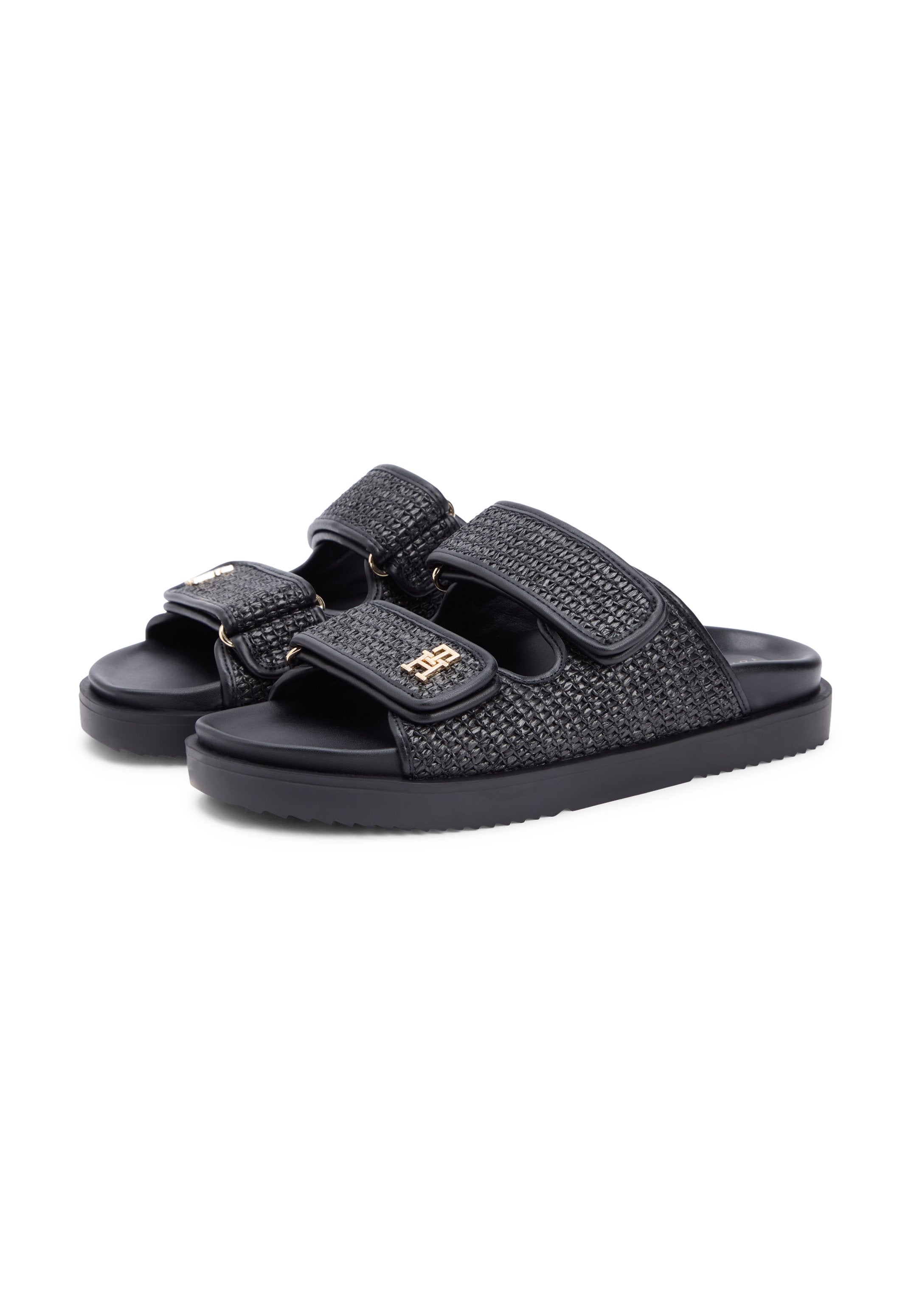 RAFFIA TH MONOGRAM DOUBLE STRAP SANDALS - Sandals - black