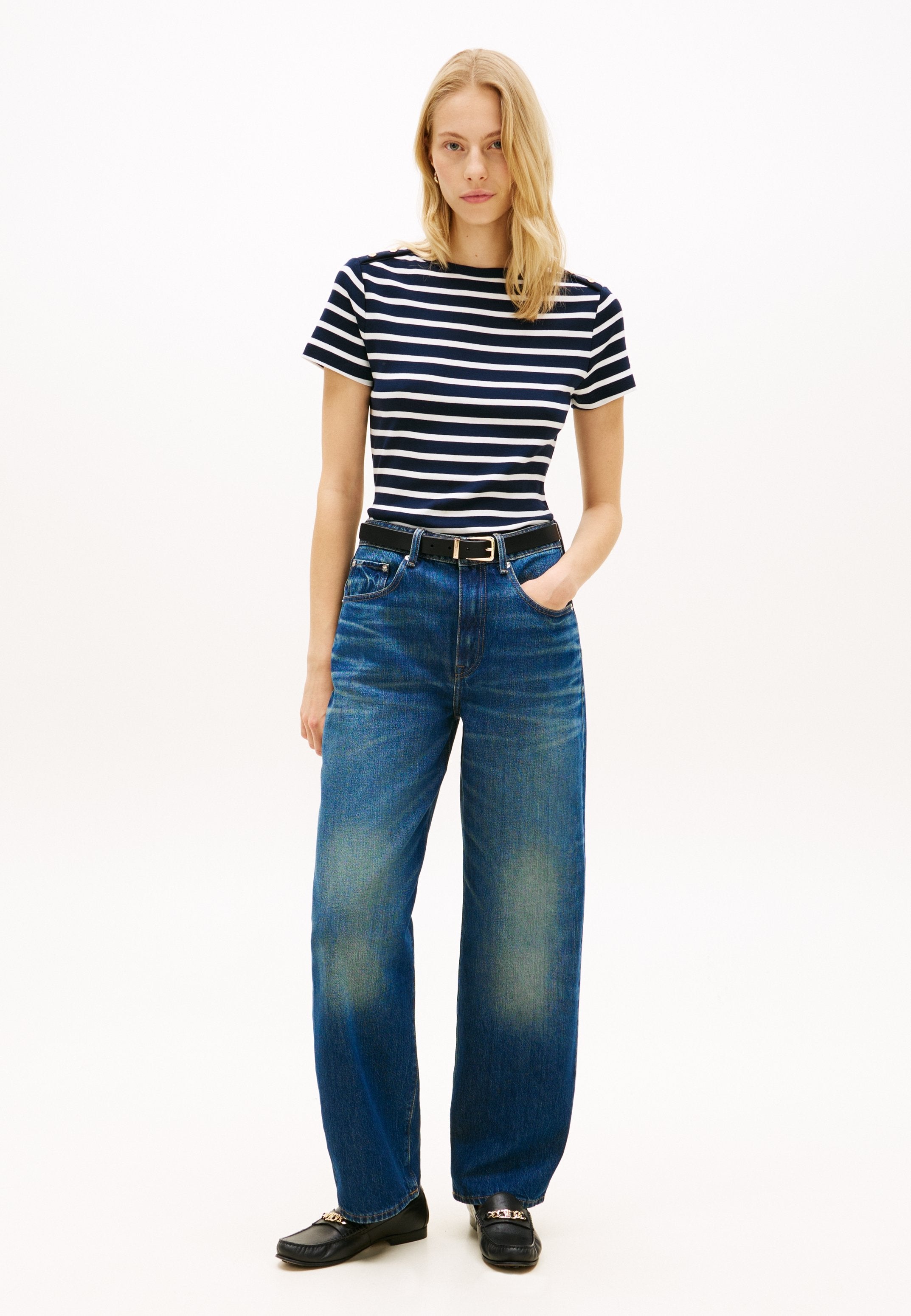 GOLD-TONE BUTTON SLIM BOAT NECK T-SHIRT - Print T-shirt - dark night/ecru