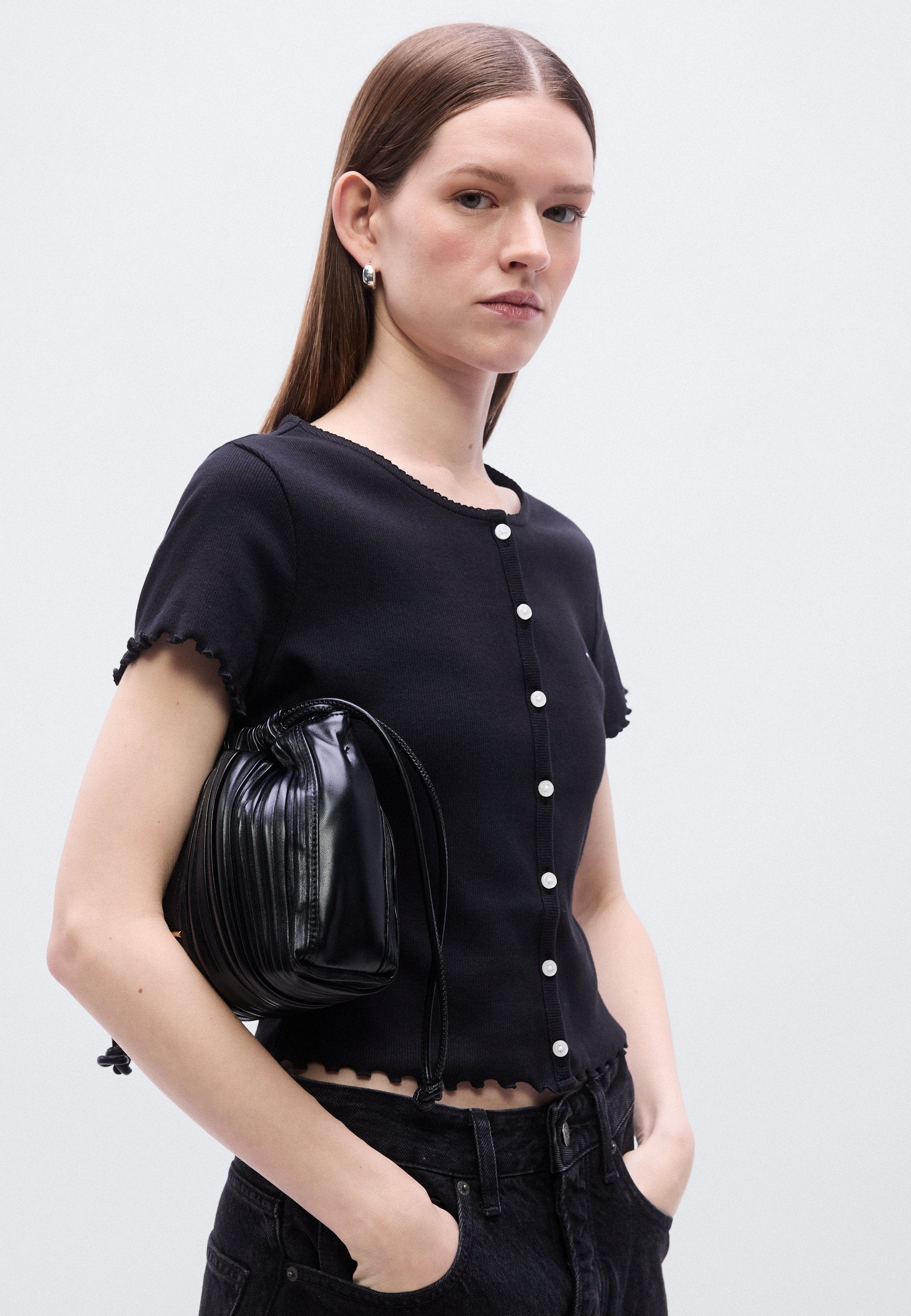 RUFFLE TRIM RIBBED SLIM TOP - Print T-shirt - black
