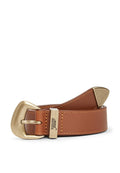 ABSTRACT BUCKLE DEBOSSED LOGO LEATHER BELT - Belt - cognac