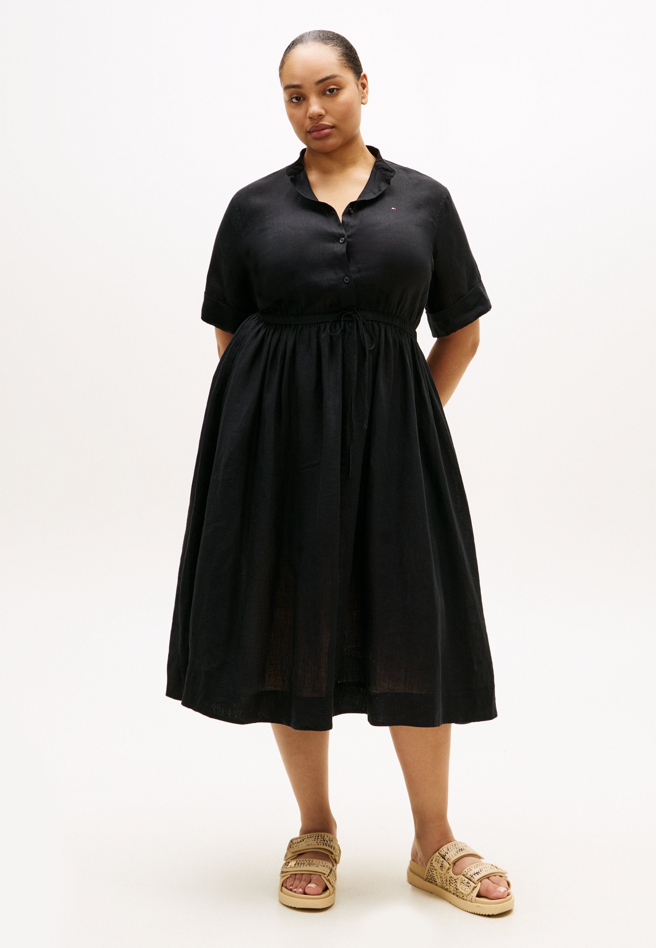 CURVE PRINT PURE LINEN MIDI SHIRT DRESS - Shirt dress - black