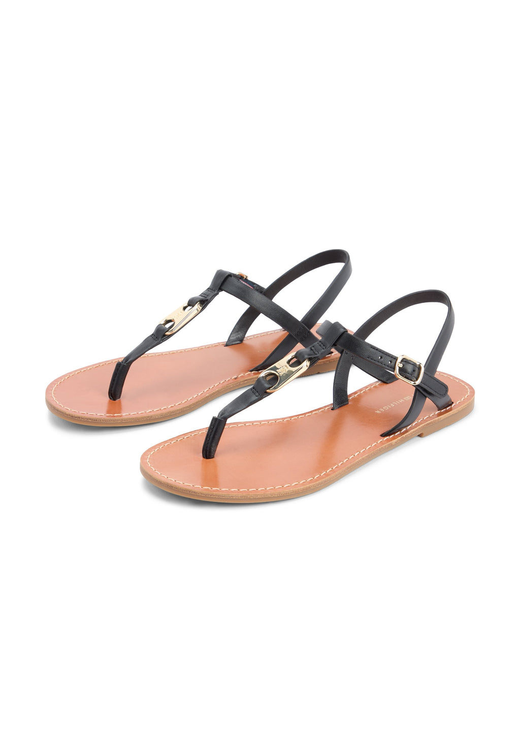 LEATHER TH MONOGRAM STRAP SANDALS - T-bar sandals - black