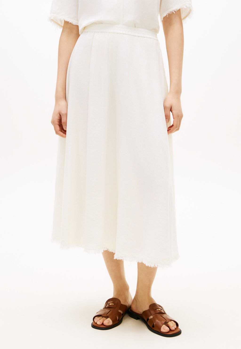PLEATED LINEN BLEND MIDI A-LINE SKIRT - A-line skirt - ivory