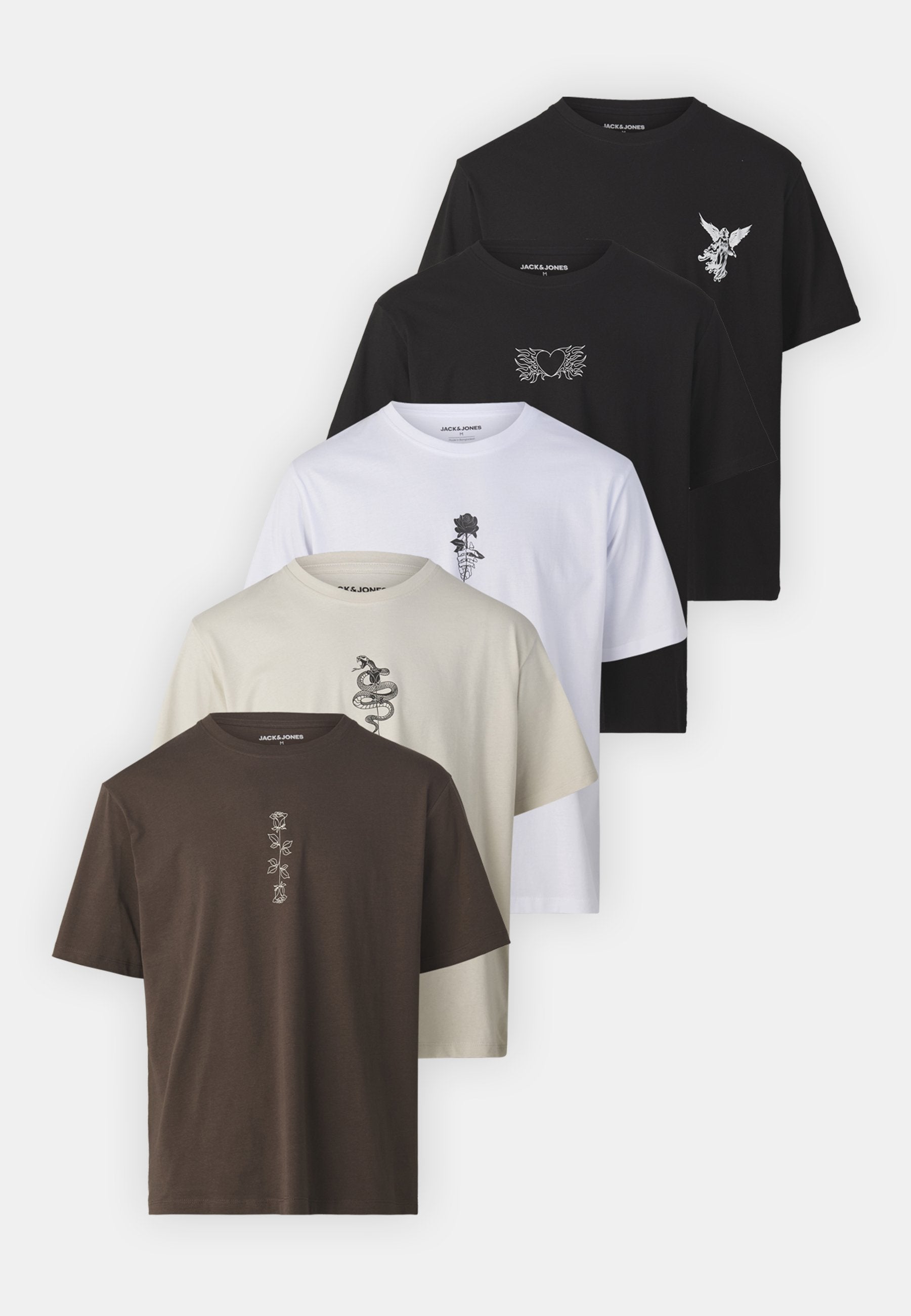 JJWOLFIE 5 PACK - Print T-shirt - chocolate brown /white/moonbeam/black