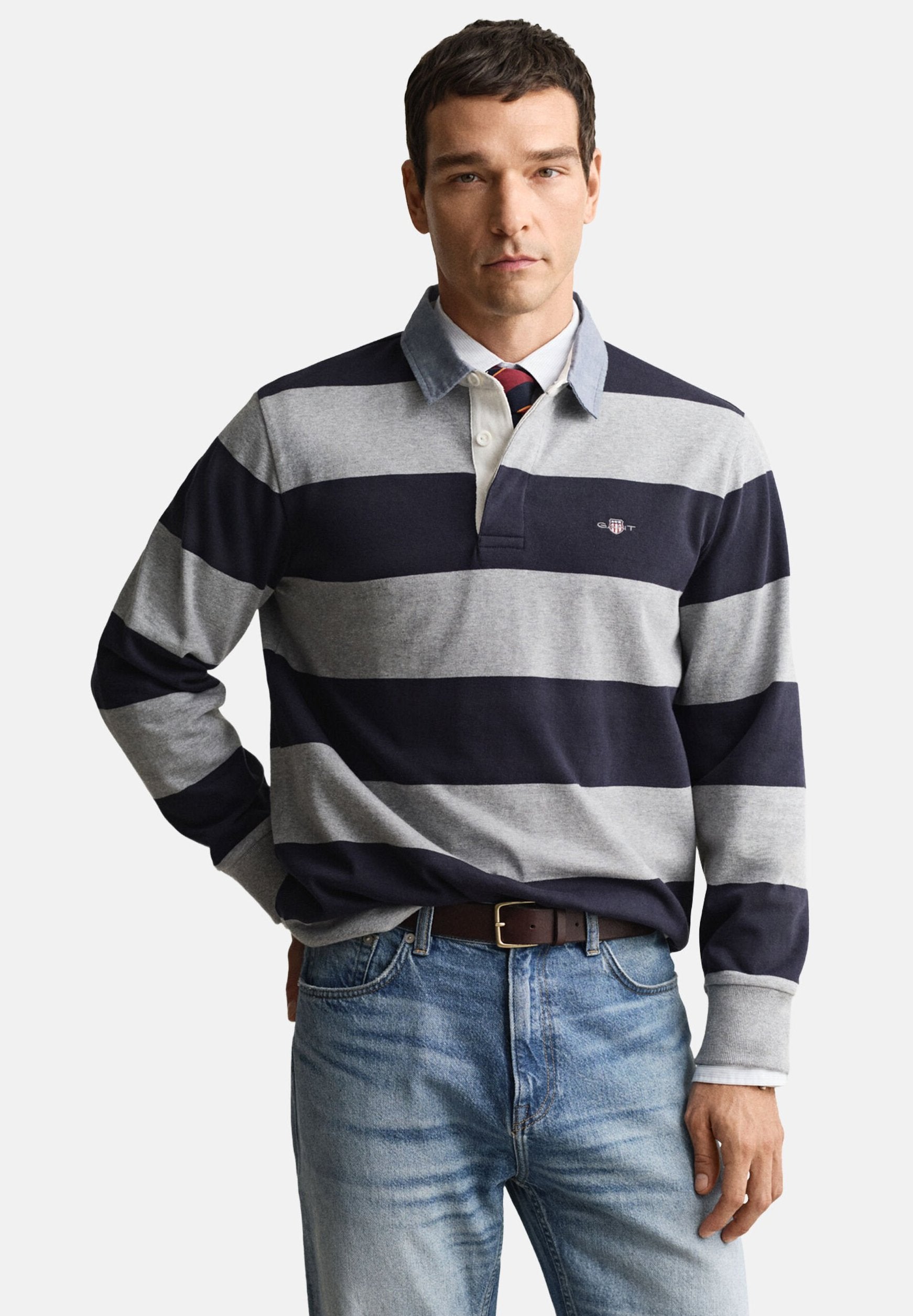 CHAMBRAY STRIPE HEAVY RUGGER - Polo - gris chiné