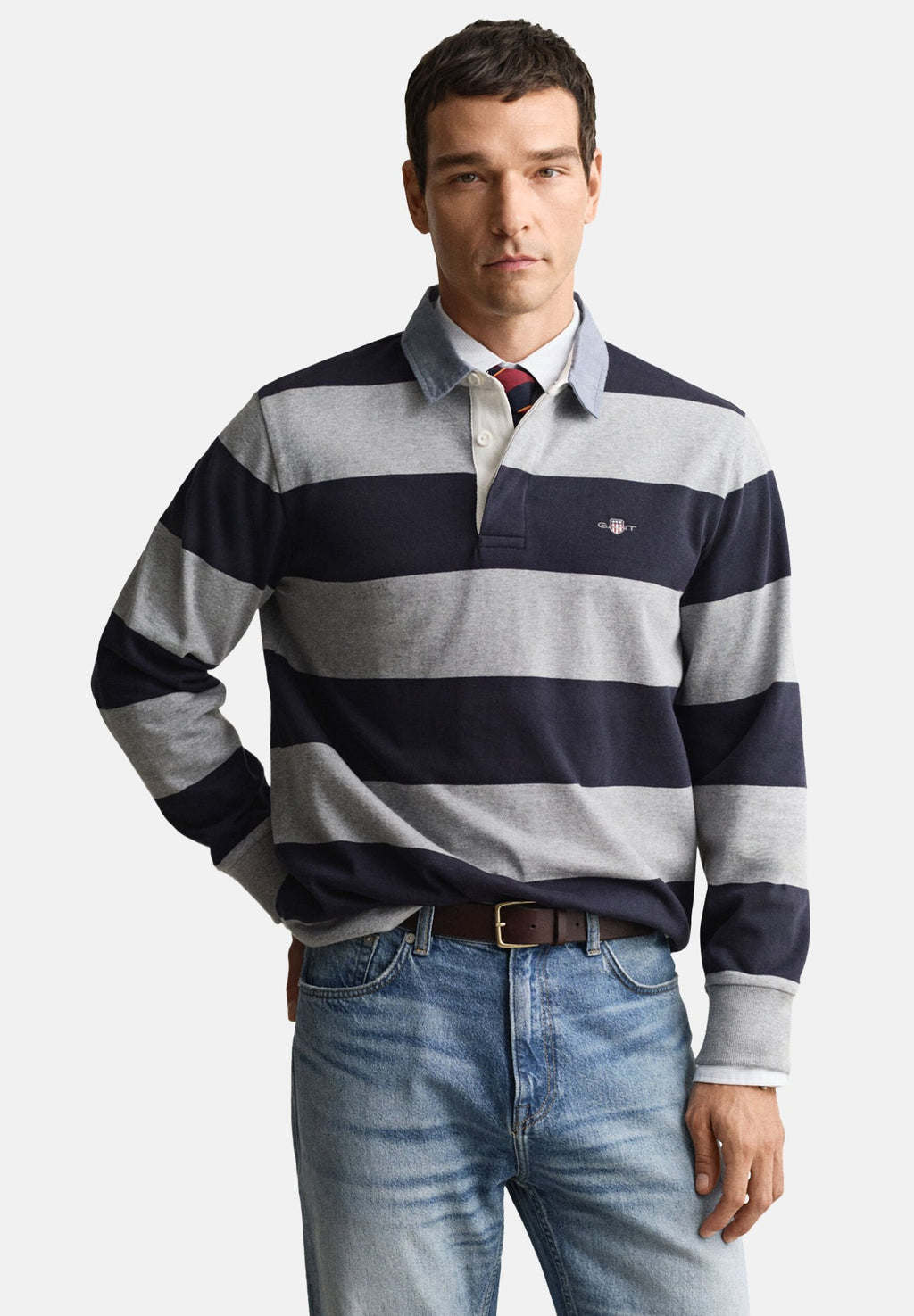 CHAMBRAY ÇİZGİLİ AĞIR RUGGER - Polo yaka tişört - gri melanj
