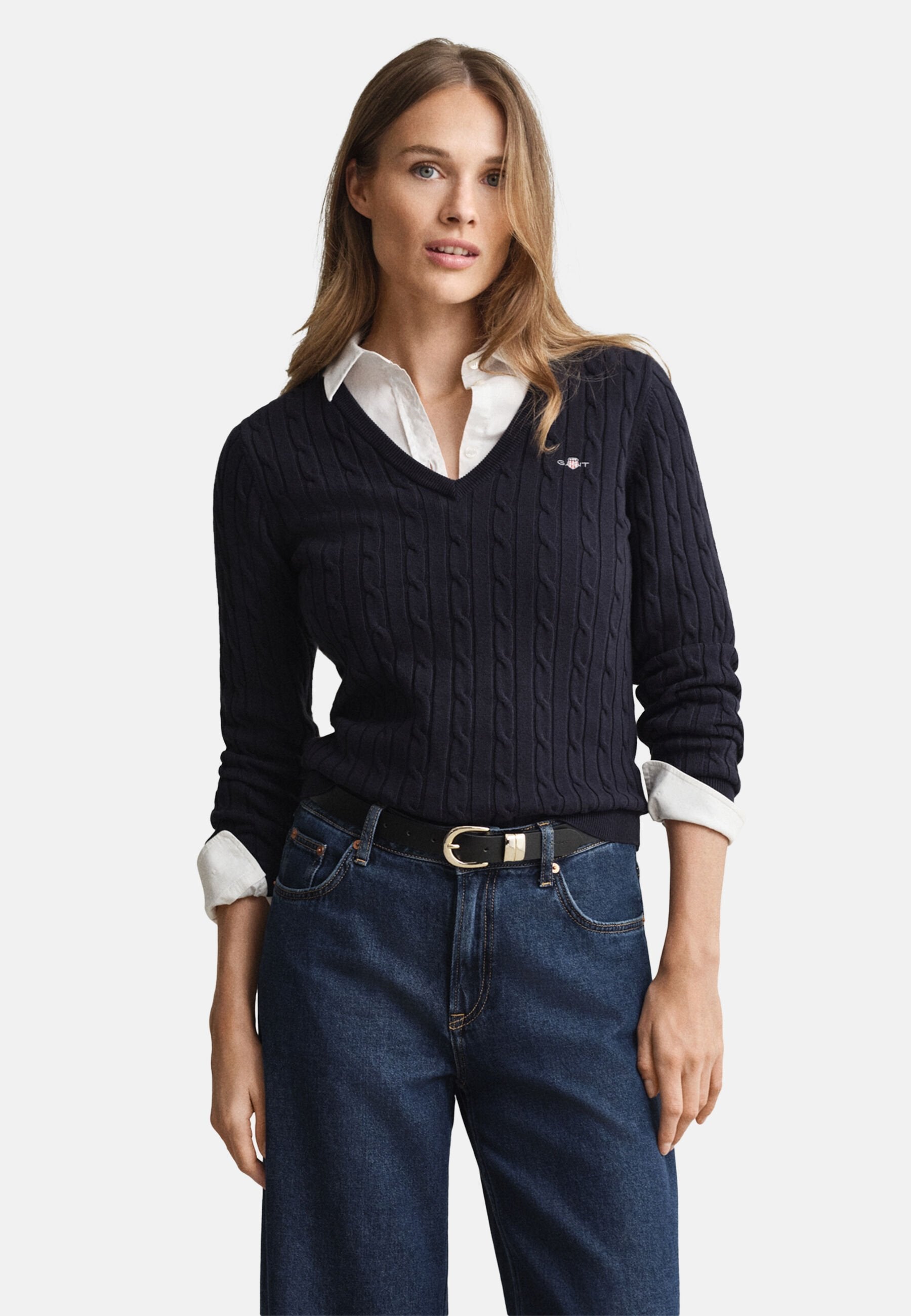 STRETCH CABLE V-NECK - Jumper - evening blue