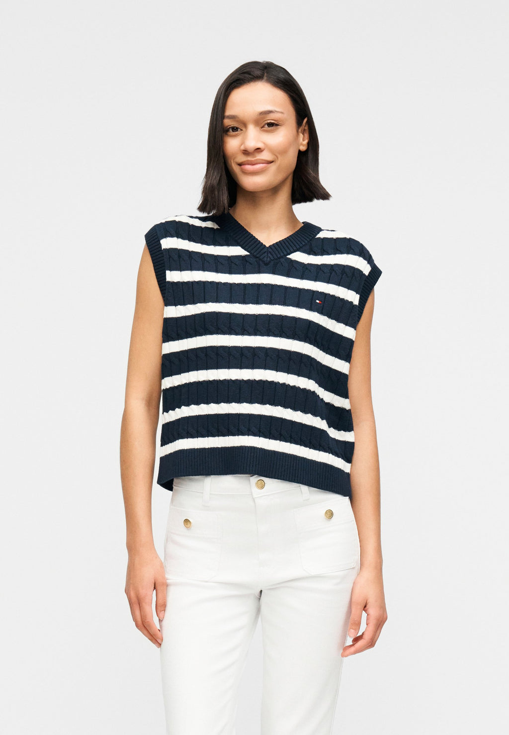 CABLE KNIT V-NECK SWEATER VEST - Top - dark night navy/ivory petal