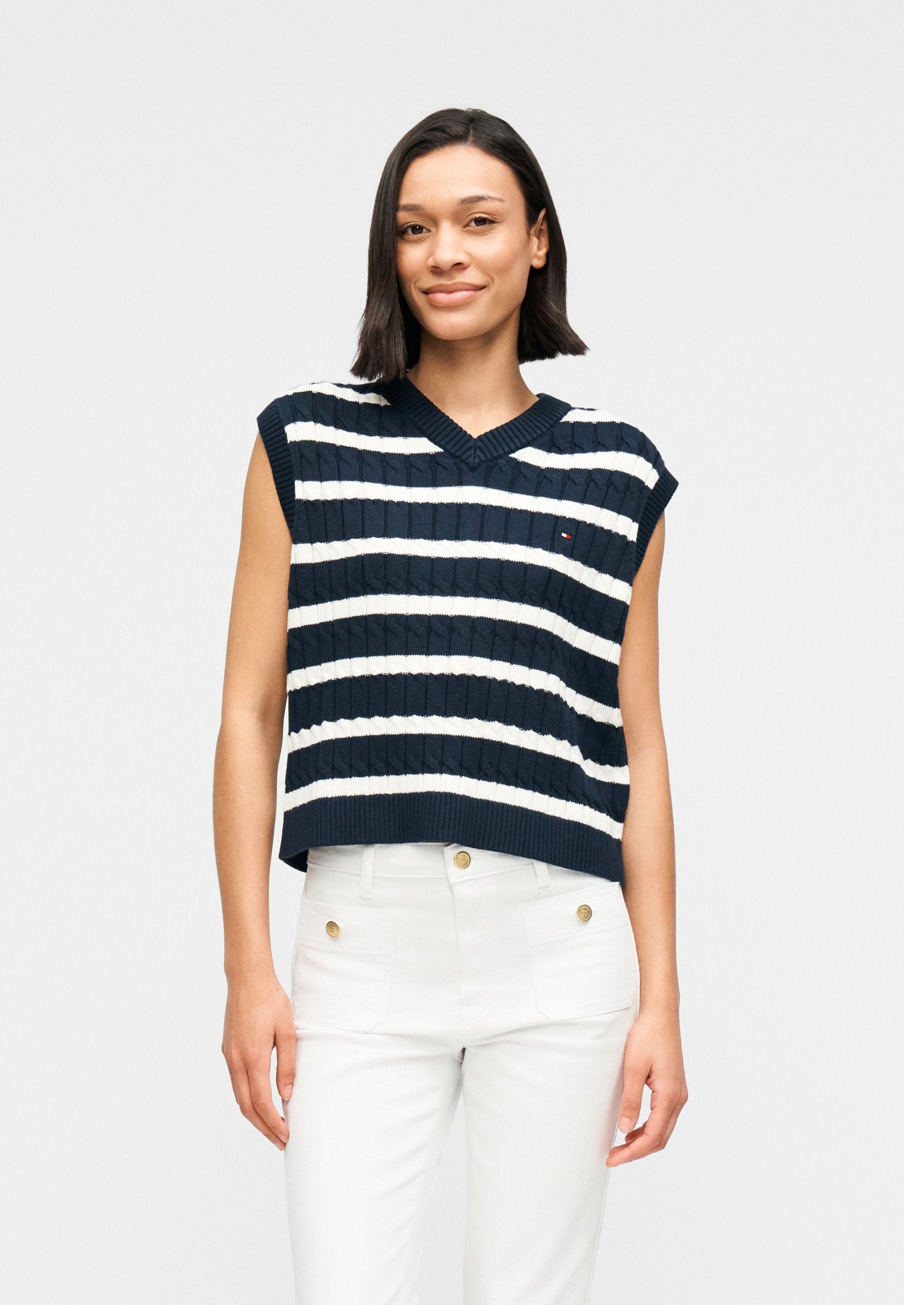 CABLE KNIT V-NECK SWEATER VEST - Top - dark night navy/ivory petal