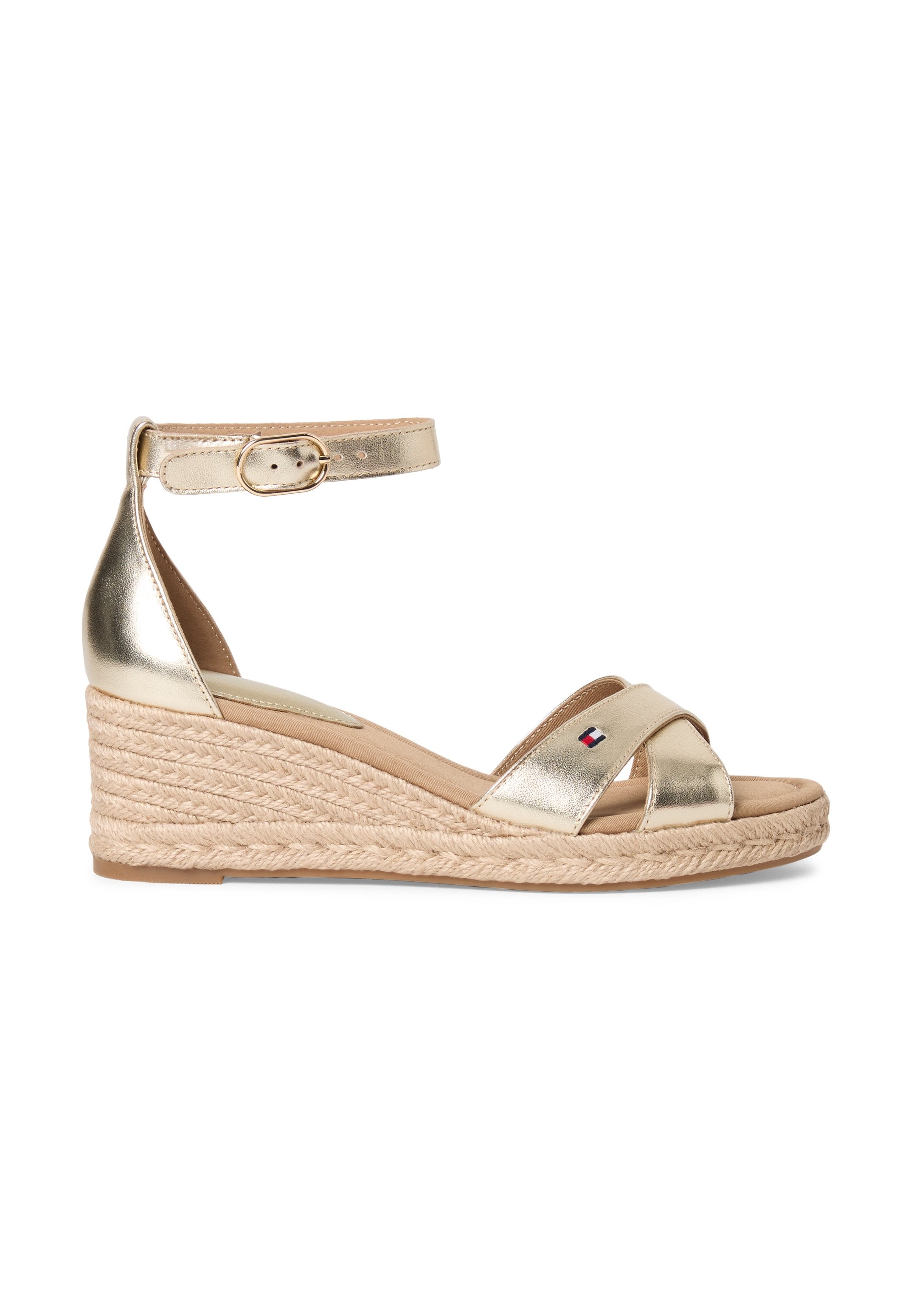 METALLIC LEATHER CROSSOVER STRAP WEDGE ESPADRILLES - Wedge sandals - gold colouredsa