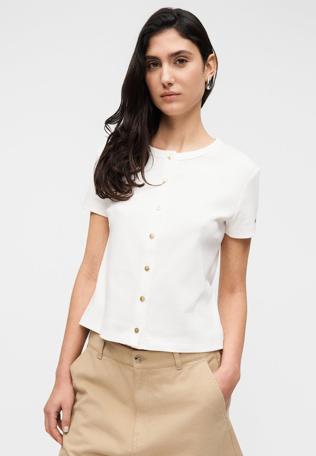 GOLD-TONE BUTTON SLIM T-SHIRT - Print T-shirt - ecru