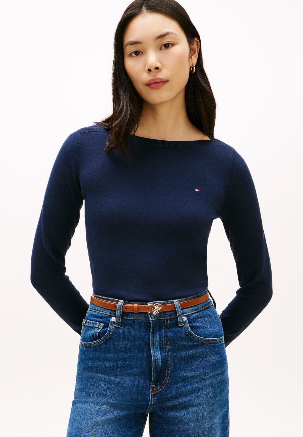 PULL COL BATEAU EN JERSEY AVEC BOUTONS DORÉS - Pull - bleu marine nuit