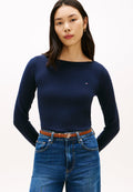 PULL COL BATEAU EN JERSEY AVEC BOUTONS DORÉS - Pull - bleu marine nuit