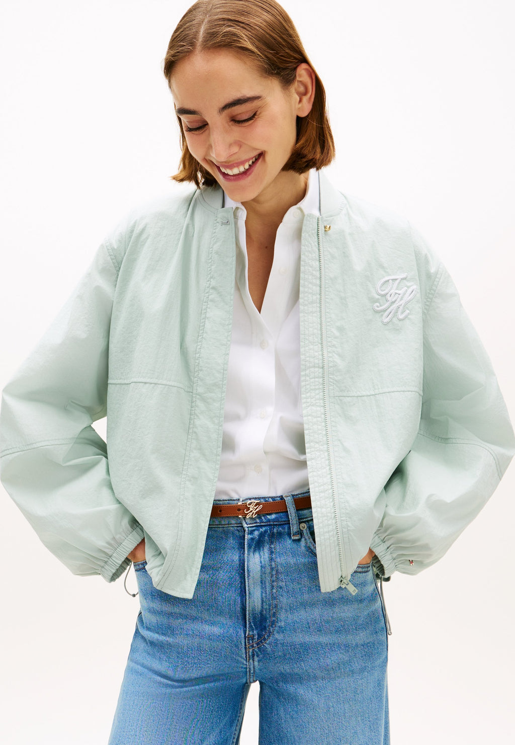 LOGO EMBROIDERY BALLOON SLEEVE BOMBER JACKET - Bomber Jacket - light blue