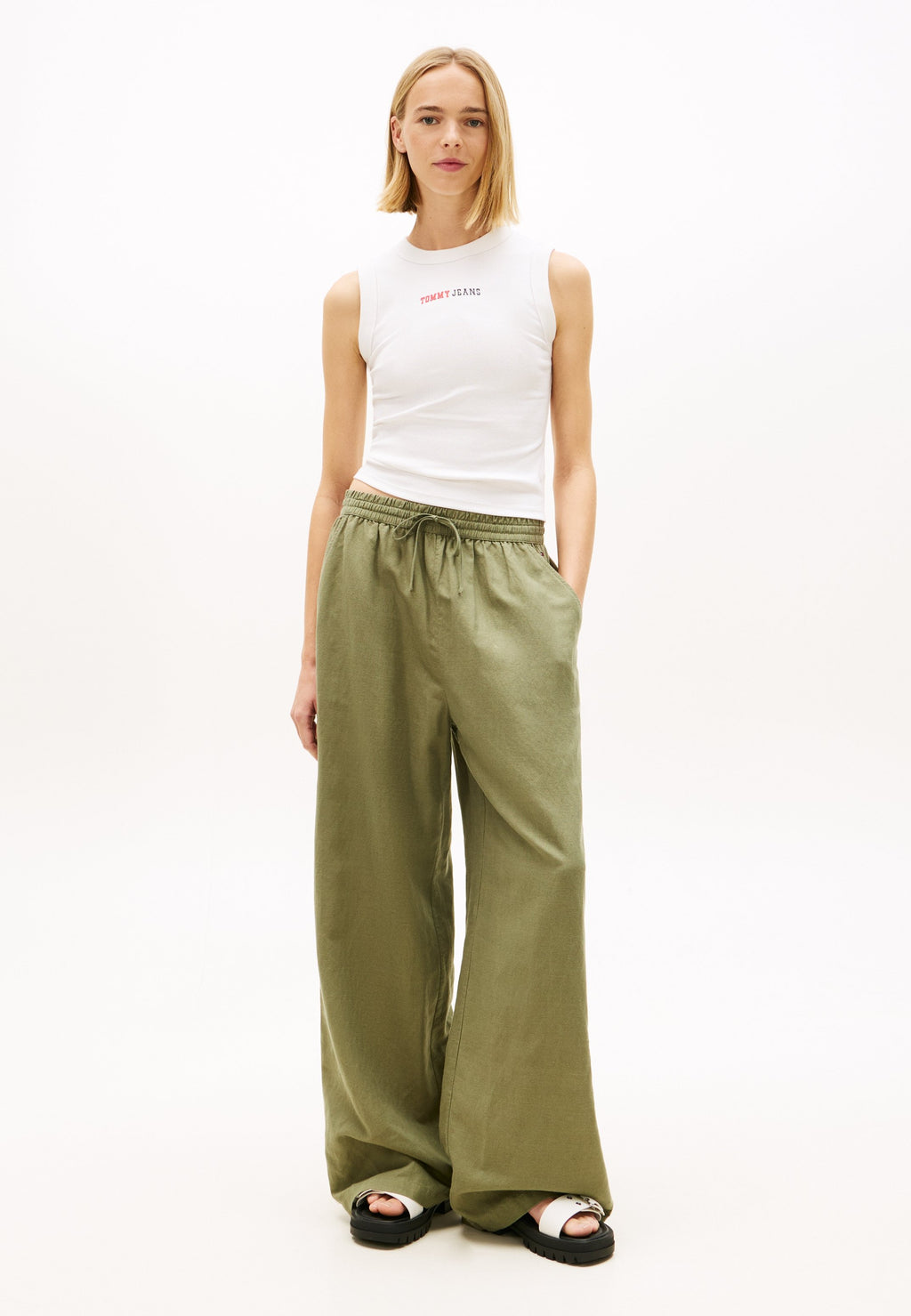 LOOSE LINEN BLEND DRAWSTRING TROUSERS - Trousers - bay leaf