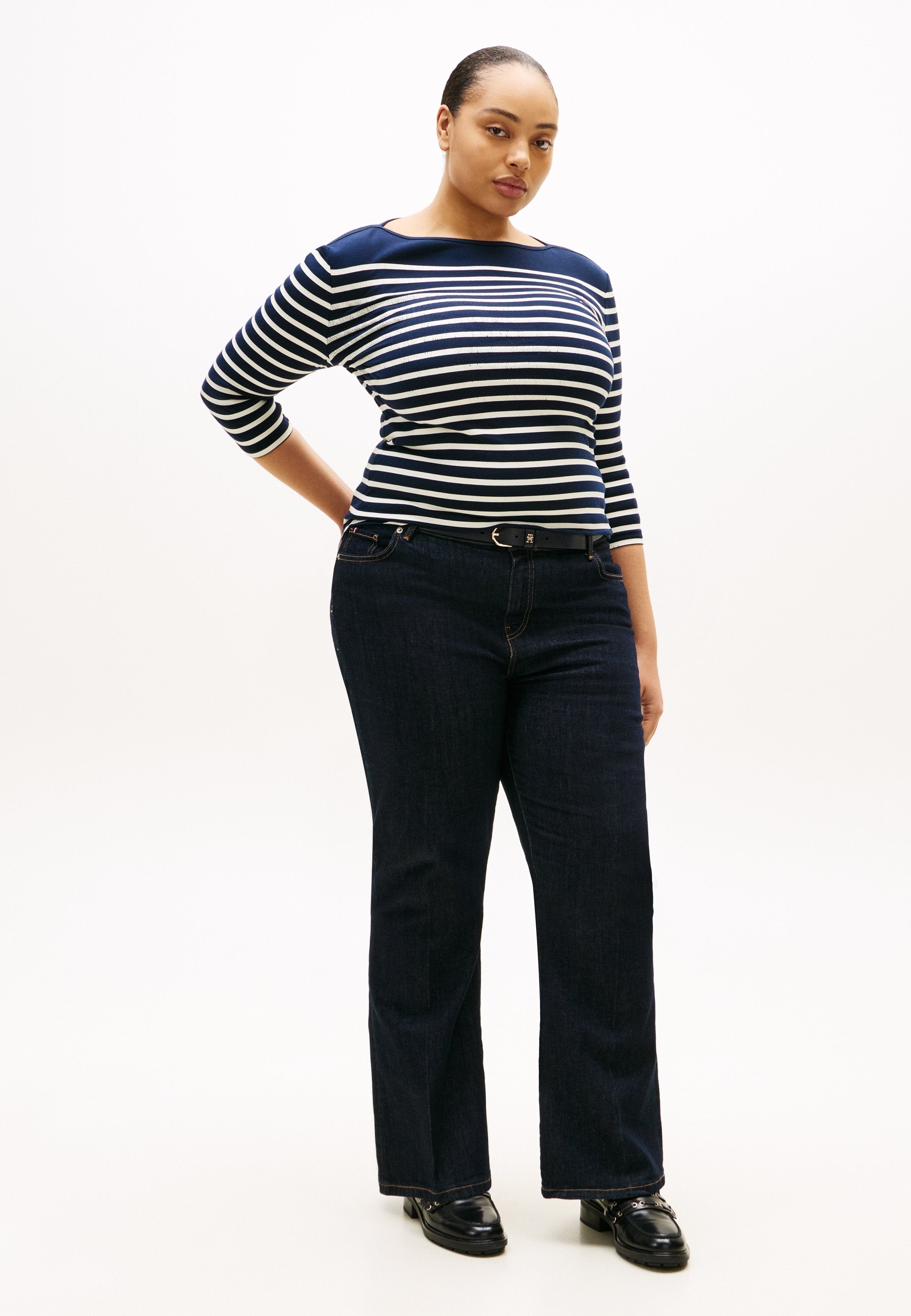 CURVE BOAT NECK THREE-QUARTER SLEEVE T-SHIRT - Long sleeved top - dark night navy/ecru