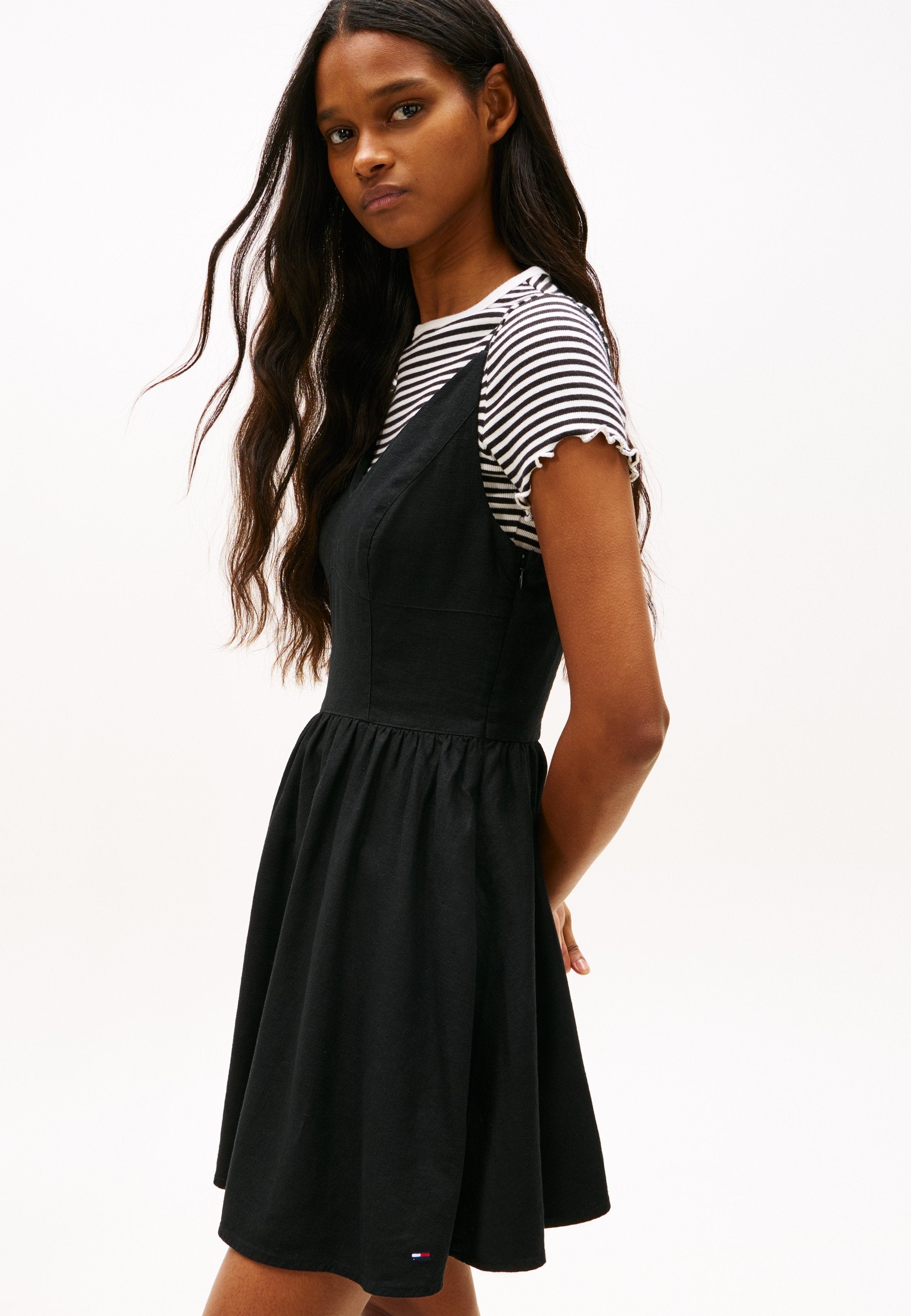 EXTRA SLIM LINEN BLEND MINI SKATER DRESS - Day dress - black