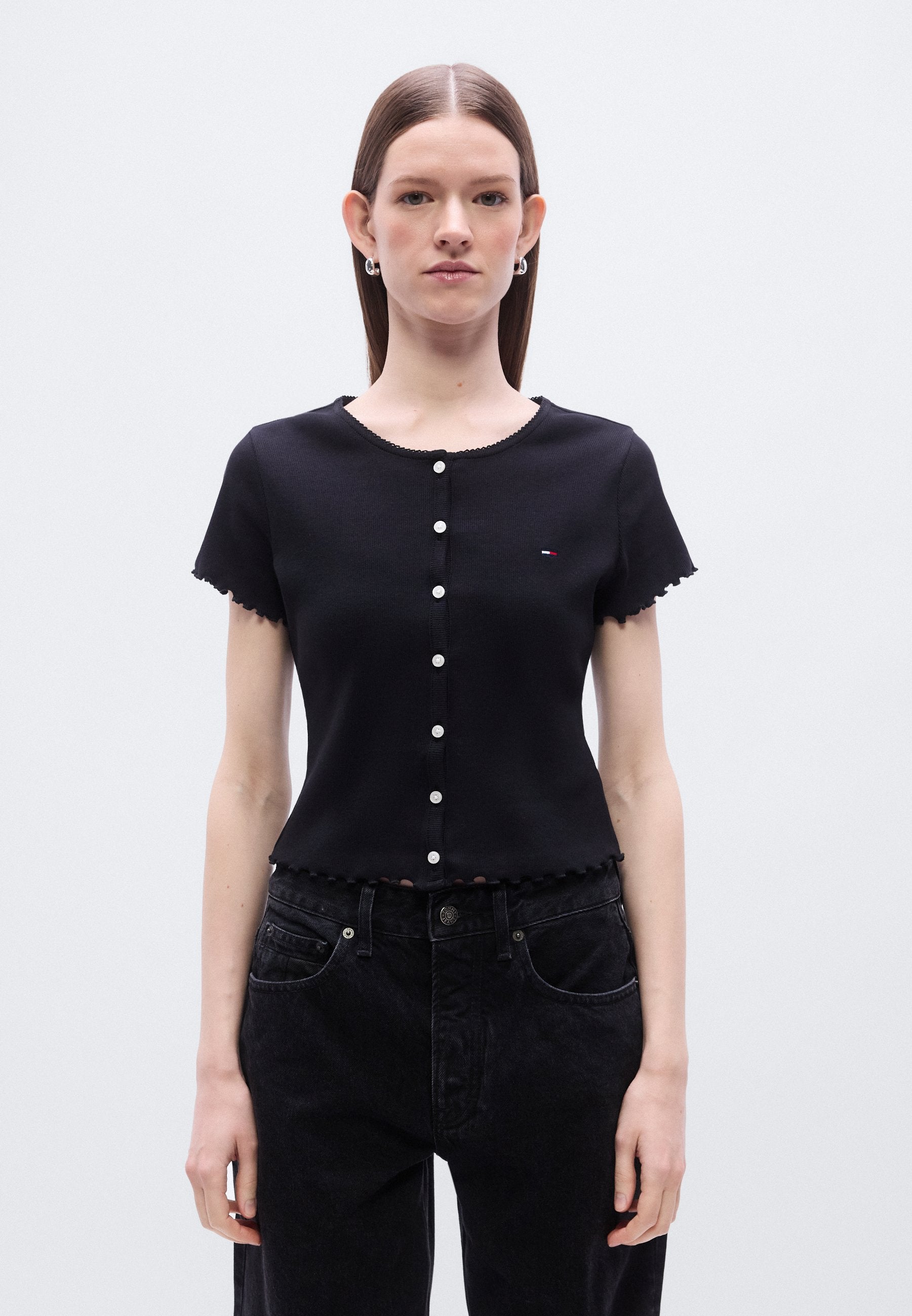 RUFFLE TRIM RIBBED SLIM TOP - Print T-shirt - black