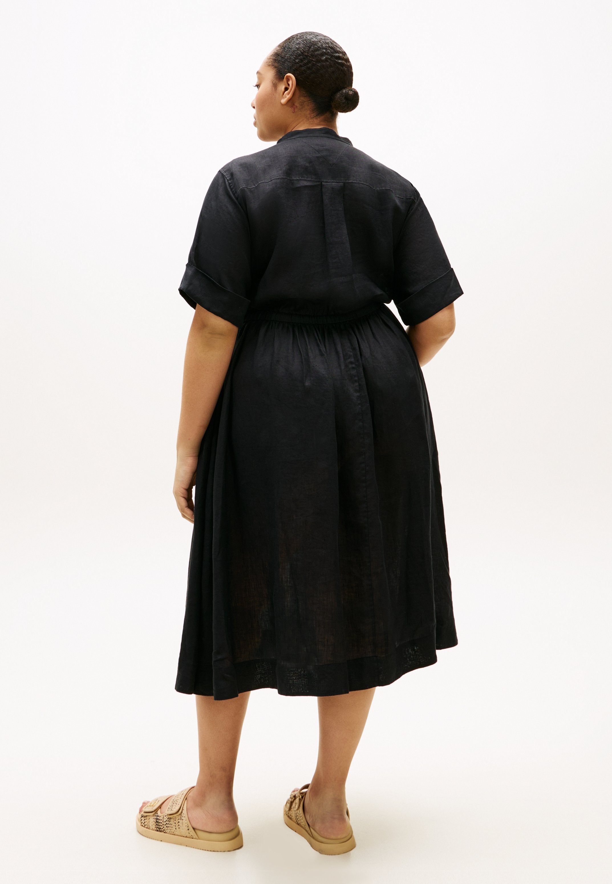 CURVE PRINT PURE LINEN MIDI SHIRT DRESS - Shirt dress - black