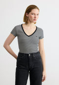 TEE-SHIRT CÔTELÉ COL V SLIM - T-shirt imprimé - black/écru