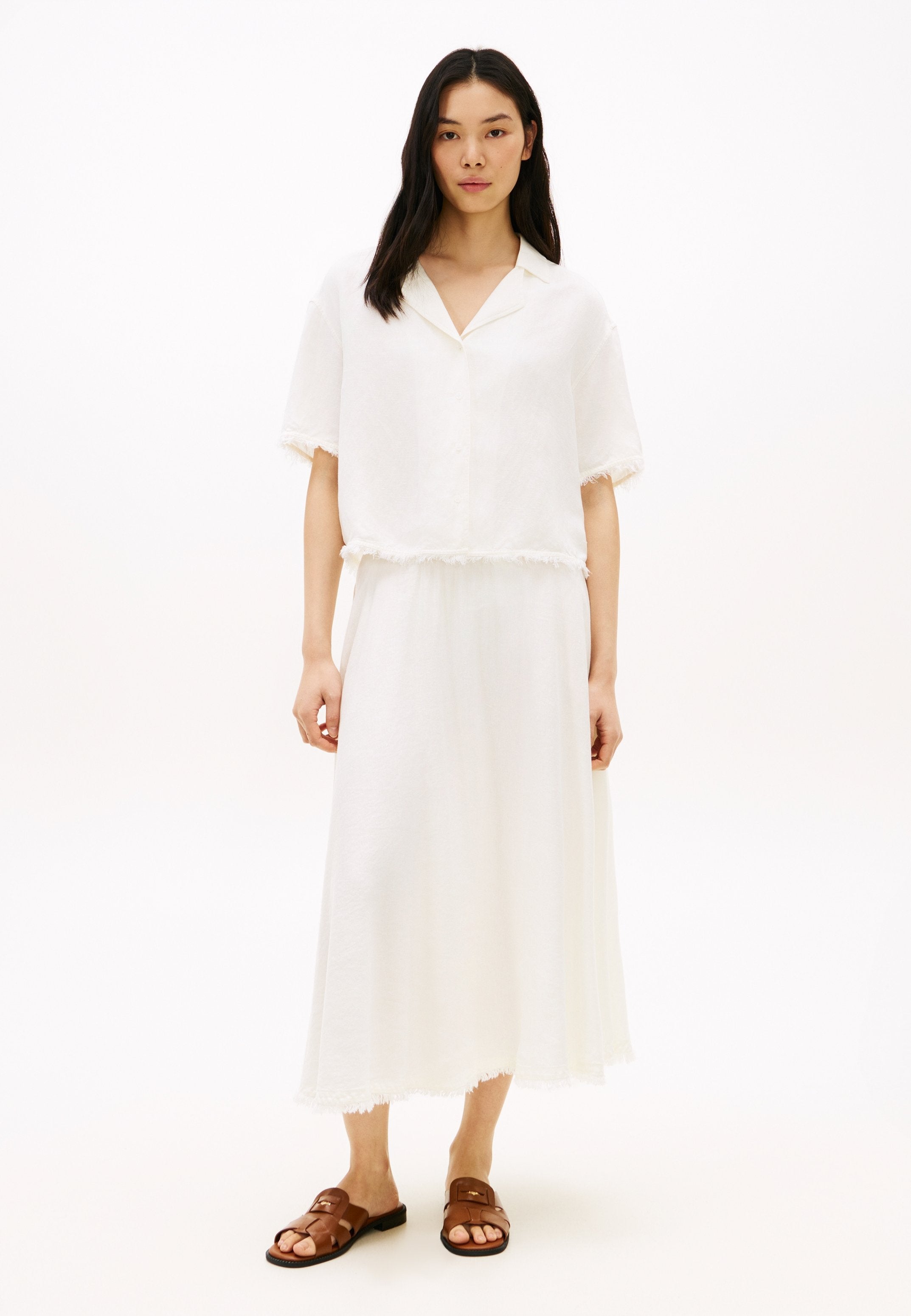 PLEATED LINEN BLEND MIDI A-LINE SKIRT - A-line skirt - ivory
