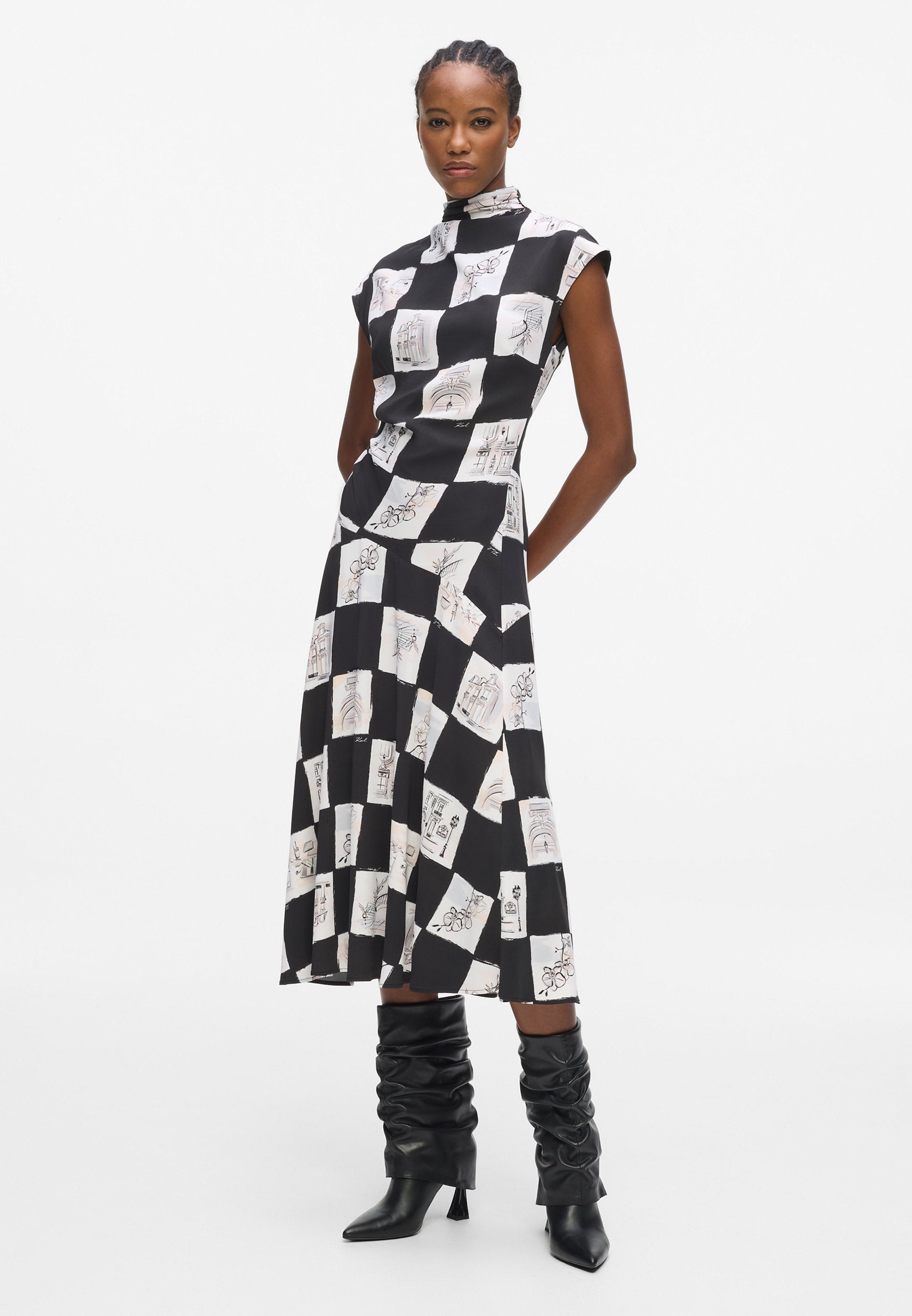 HIGH NECK MIDI - Day dress - sketch checkerboard aop