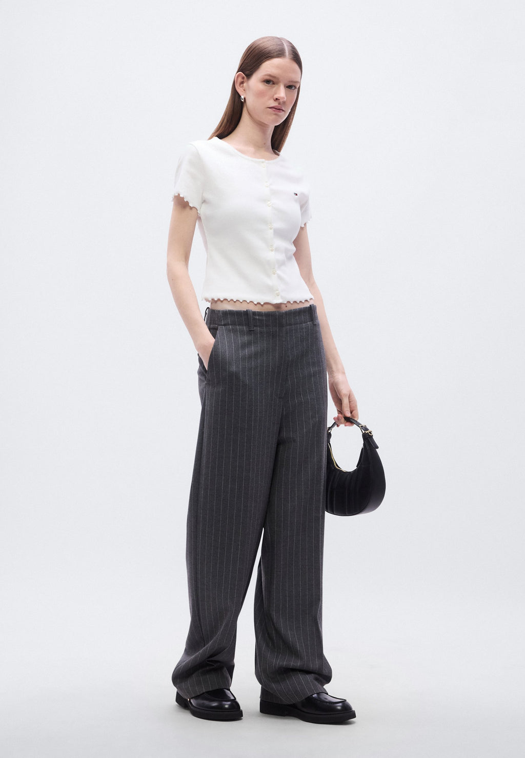 RUFFLE TRIM RIBBED SLIM TOP - Print T-shirt - ecru